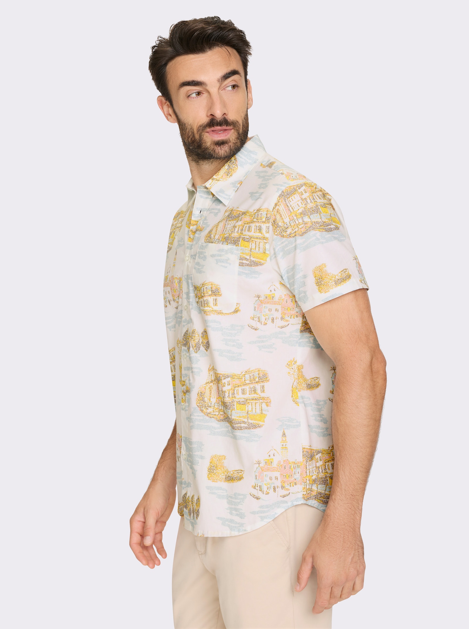 Marco Donati Kurzarmhemd mit Kentkragen - weiß-mint-bedruckt