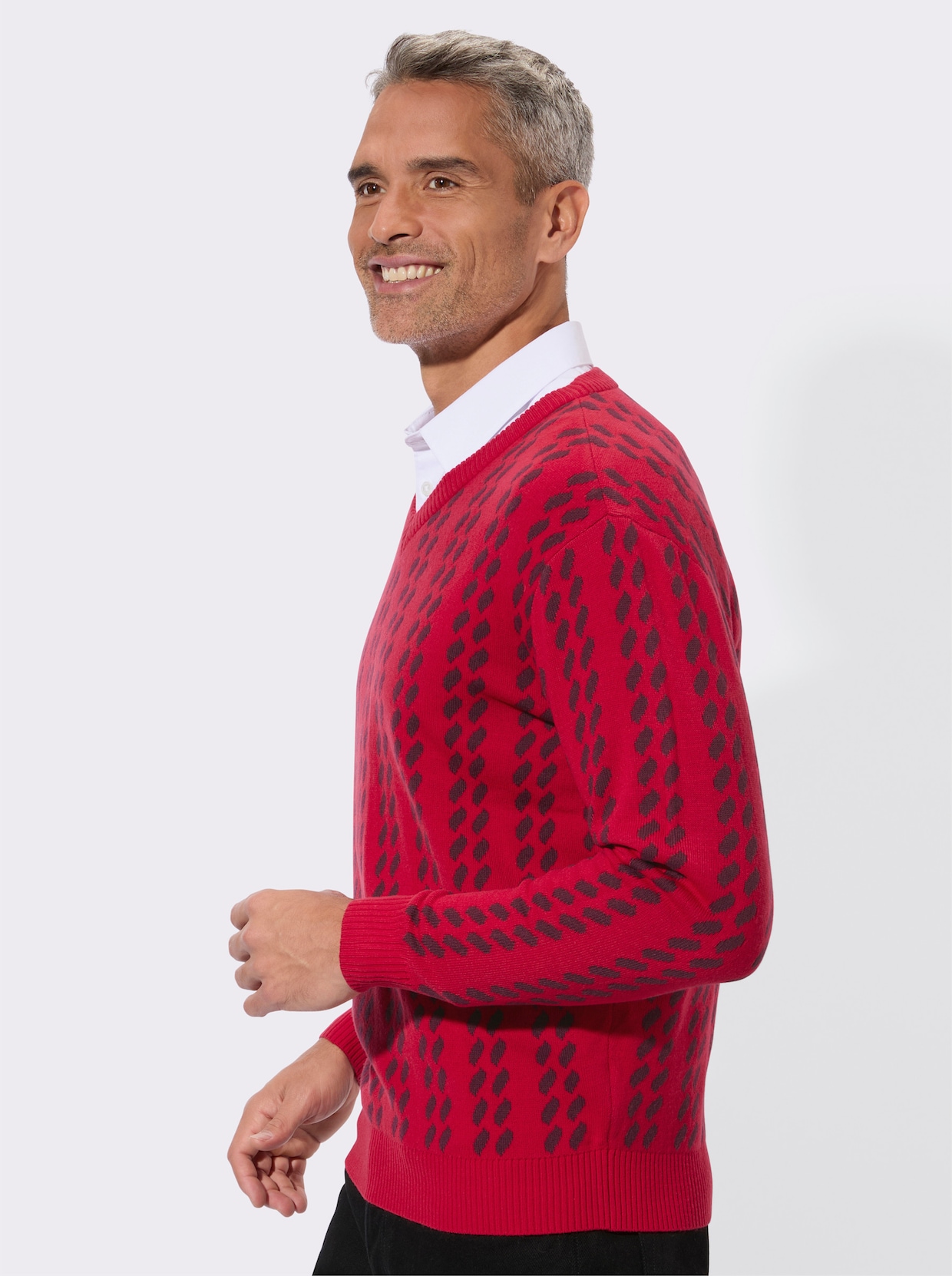 Svetr s výstřihem do V s grafickým pleteným vzorem - červená-burgundská