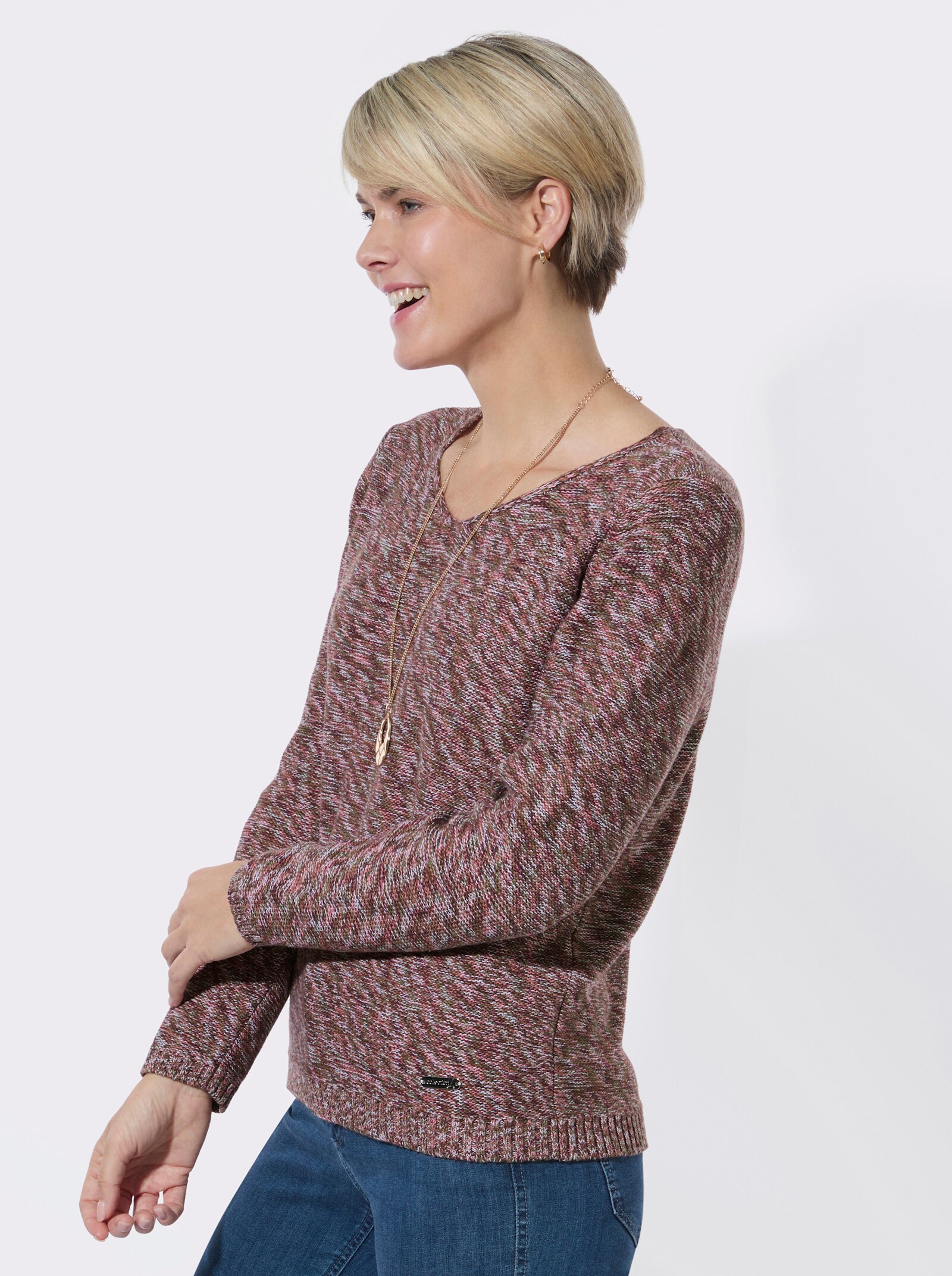 V-Ausschnitt-Pullover in attraktiver Melange-Optik - ecru-flamingo-meliert