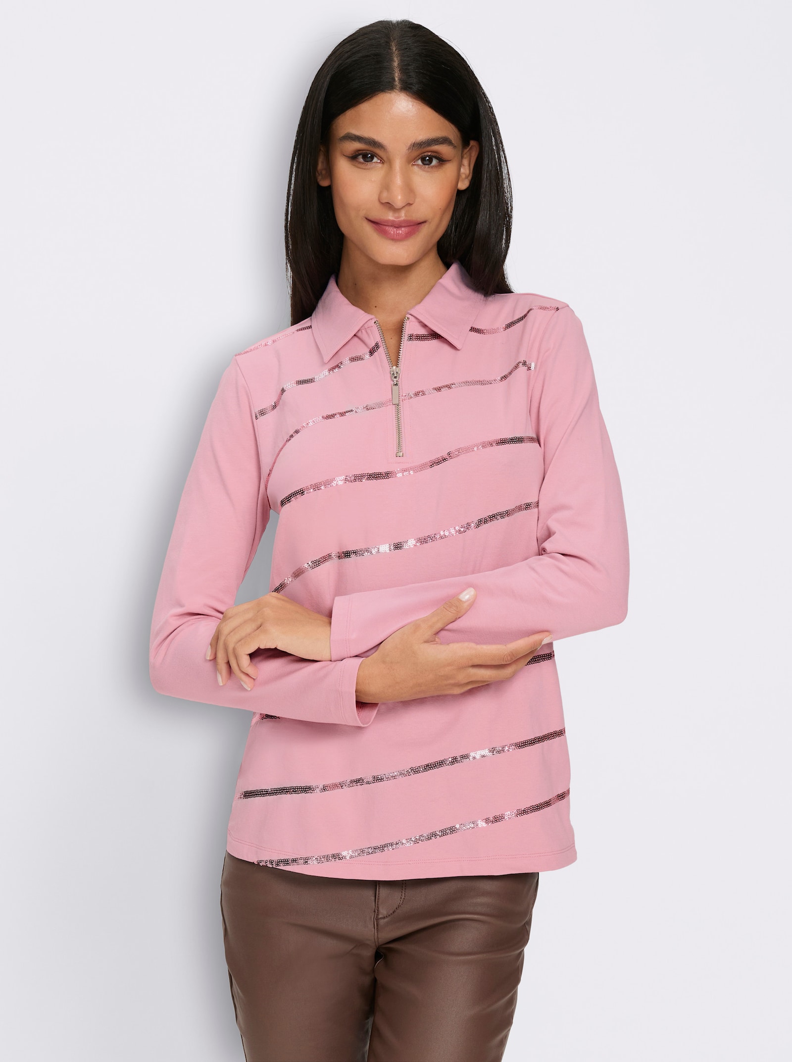 heine Langarm-Poloshirt mit Pailletten - rosé