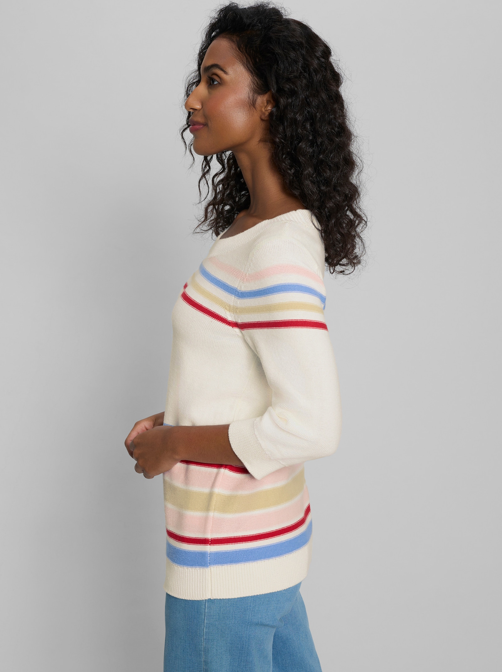 heine Baumwollpullover mit 3/4-Arm - ecru-himmelblau-gemustert