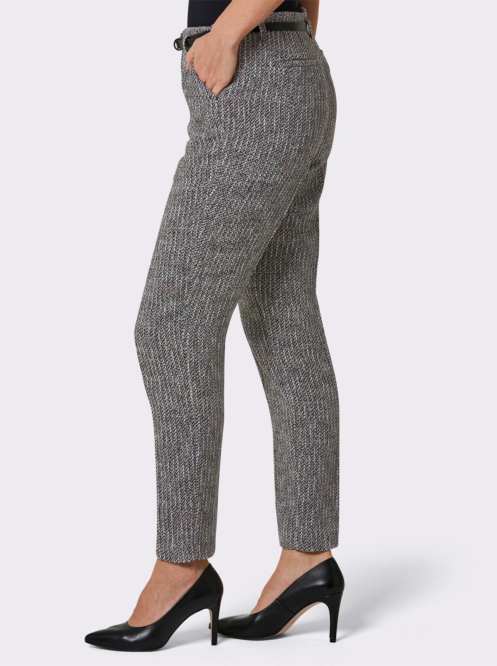 CREATION L PREMIUM Hose mit Ledergürtel - anthrazit-ecru-meliert