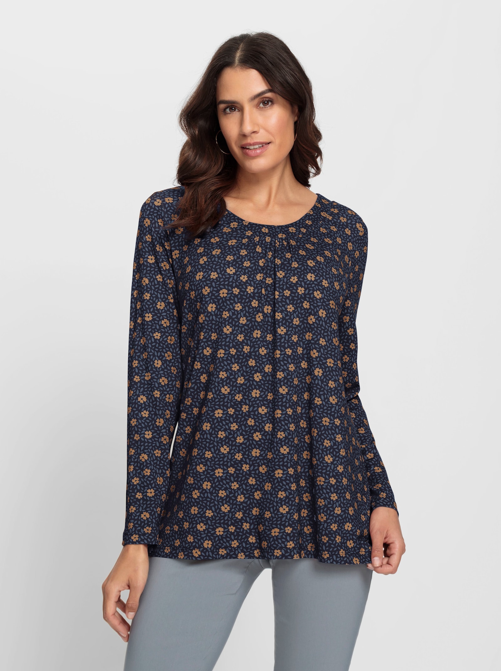 Tuniekshirt in A-lijn - marine/camel bedrukt