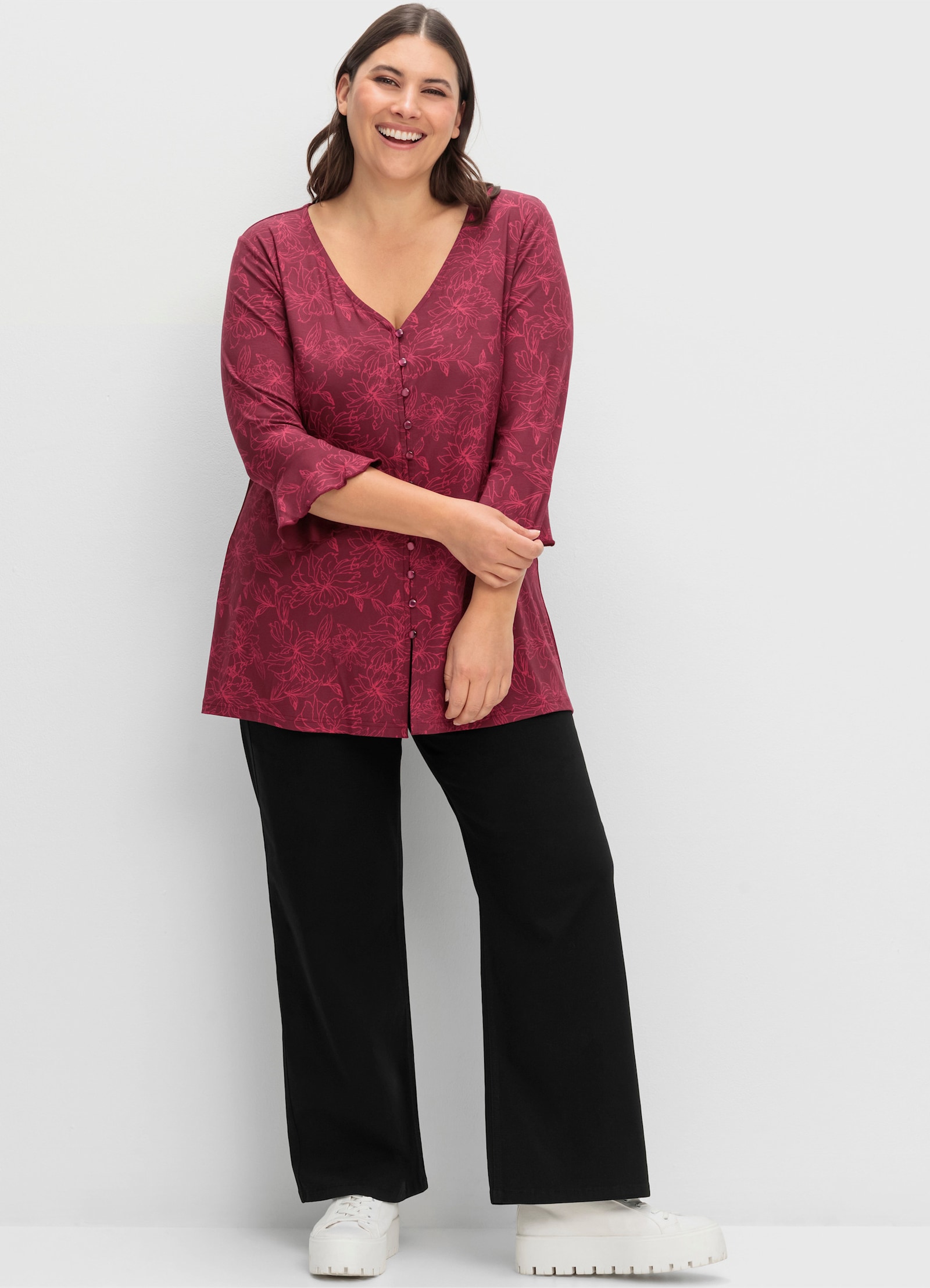 sheego 3/4-Arm-Shirt in A-Linie - weinrot-gemustert