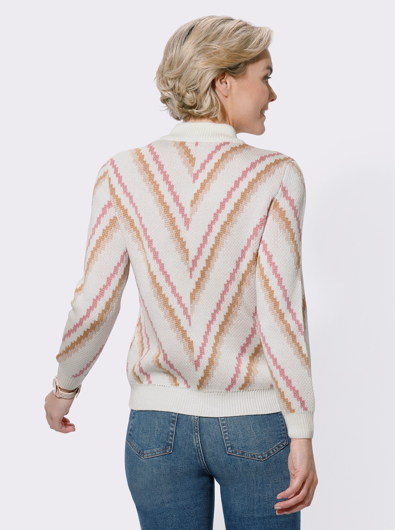 Stehkragenpullover mit Jacquard-Muster - ecru-altrosa-gemustert