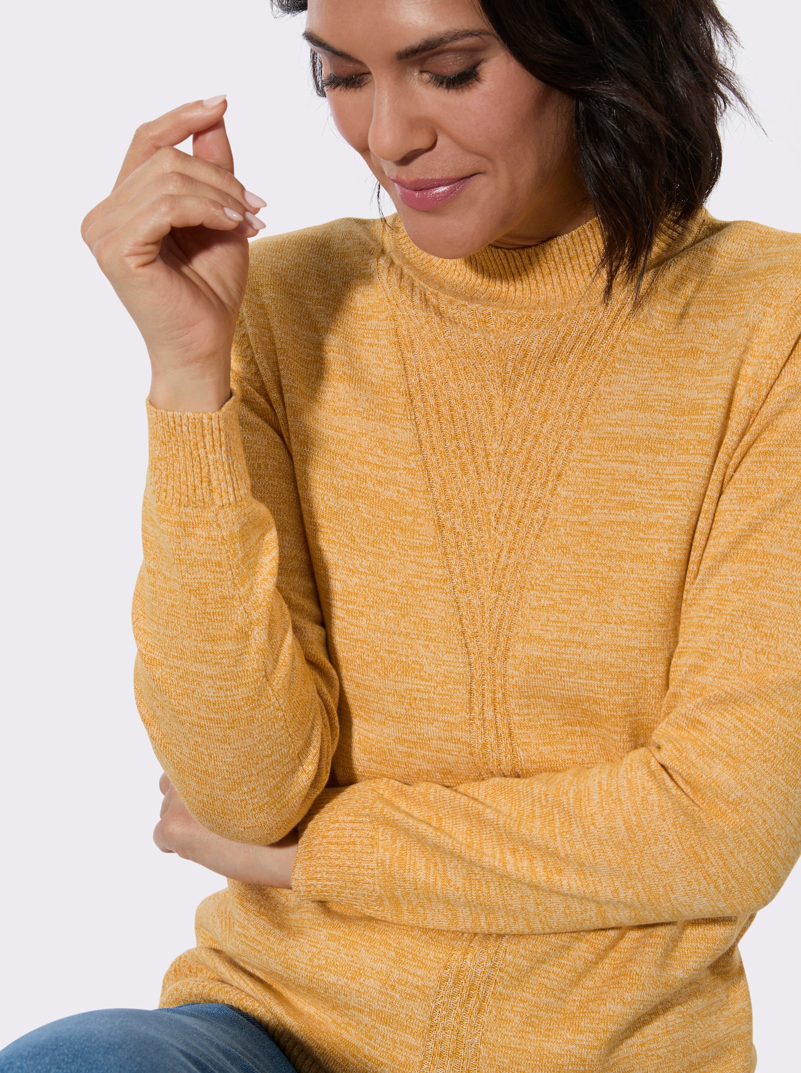 Stehkragenpullover mit gerippten Bündchen - ocker-meliert