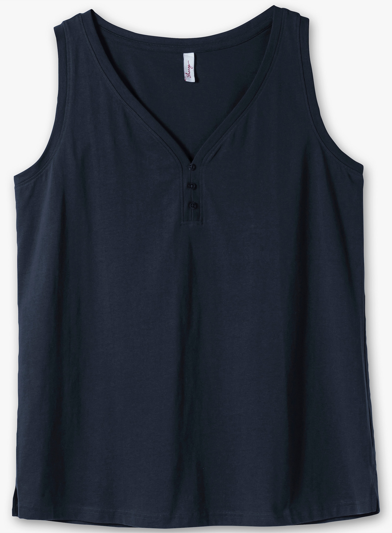 sheego Tanktop mit V-Ausschnitt und Zierknopfleiste - tiefblau