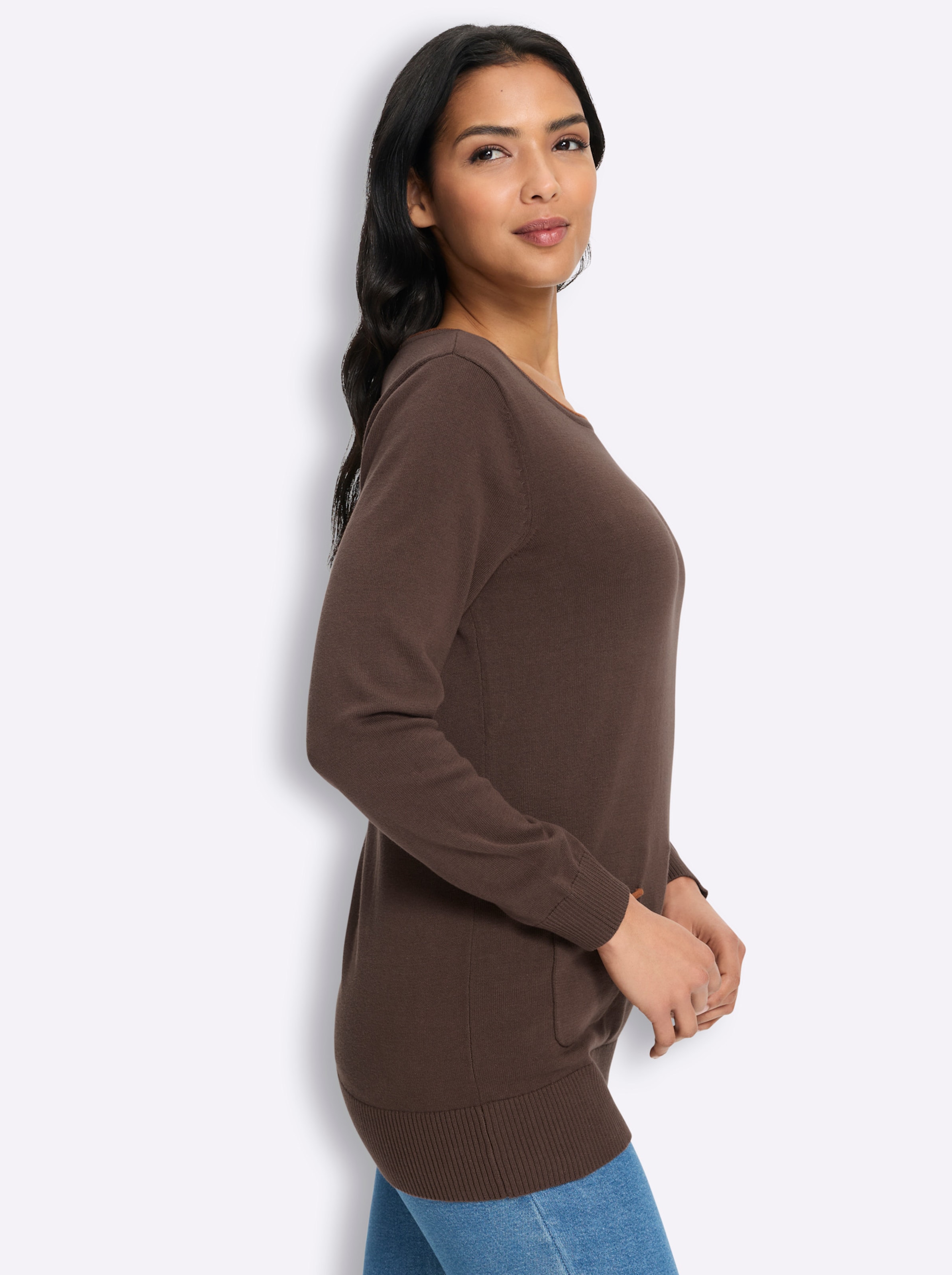 Damen Longpullover mit Kontrast-Rollsaum schoko, Größe 38 - Bild 4