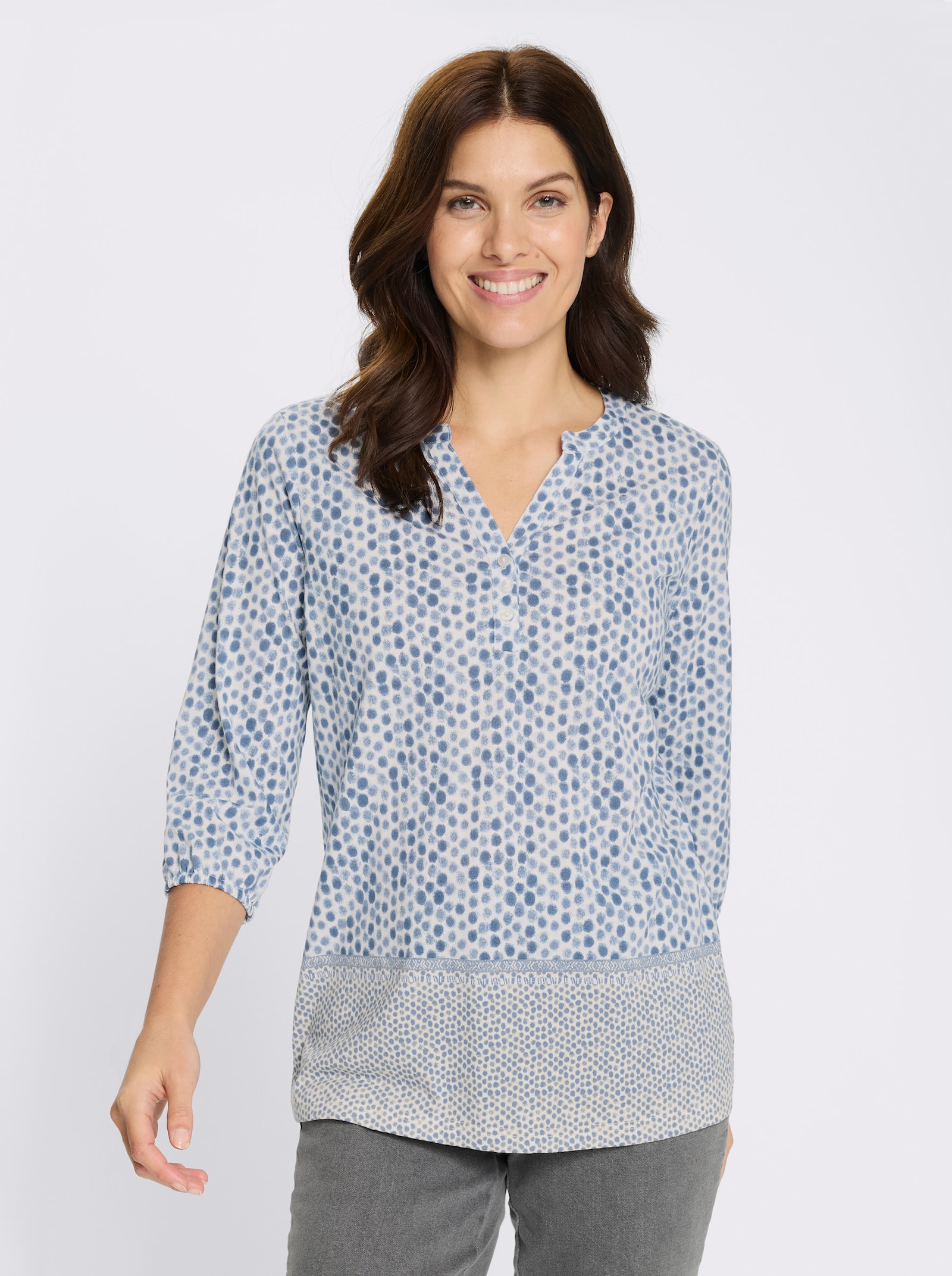 3/4-Arm-Shirt mit Fake-Bordüre - rauchblau-ecru-bedruckt