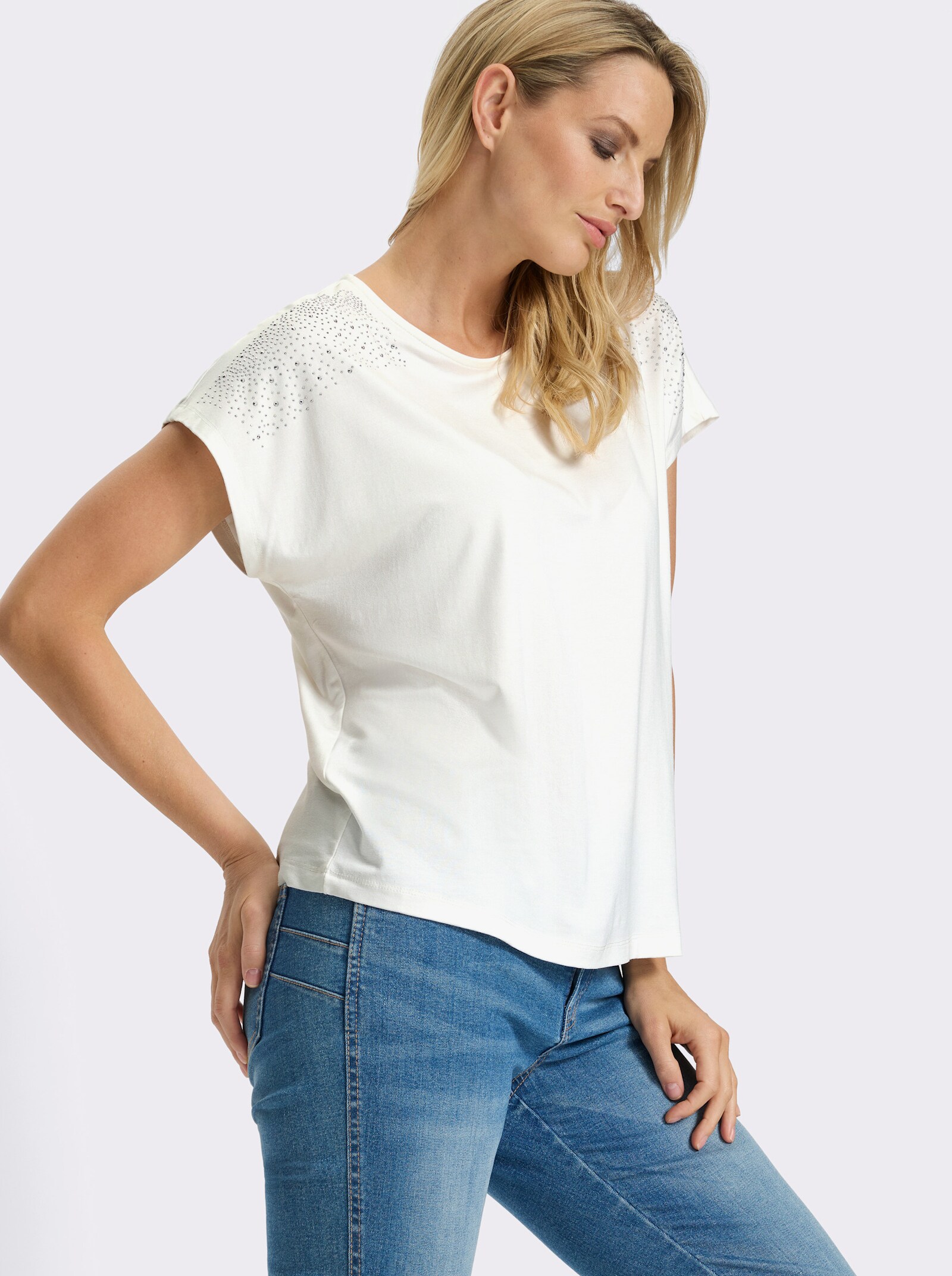 heine Kurzarmshirt mit Glitzersteinchen - ecru