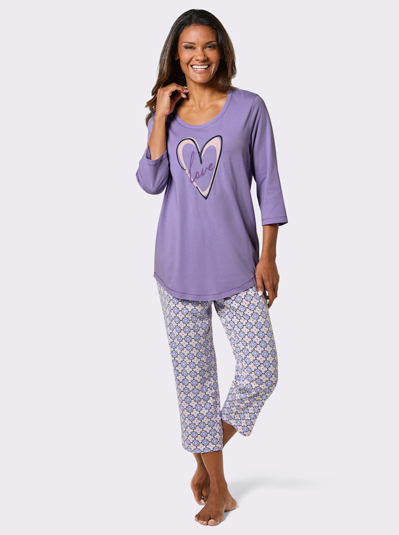 wäschepur Pyjama met hartjesmotief - lavendel/ecru bedrukt