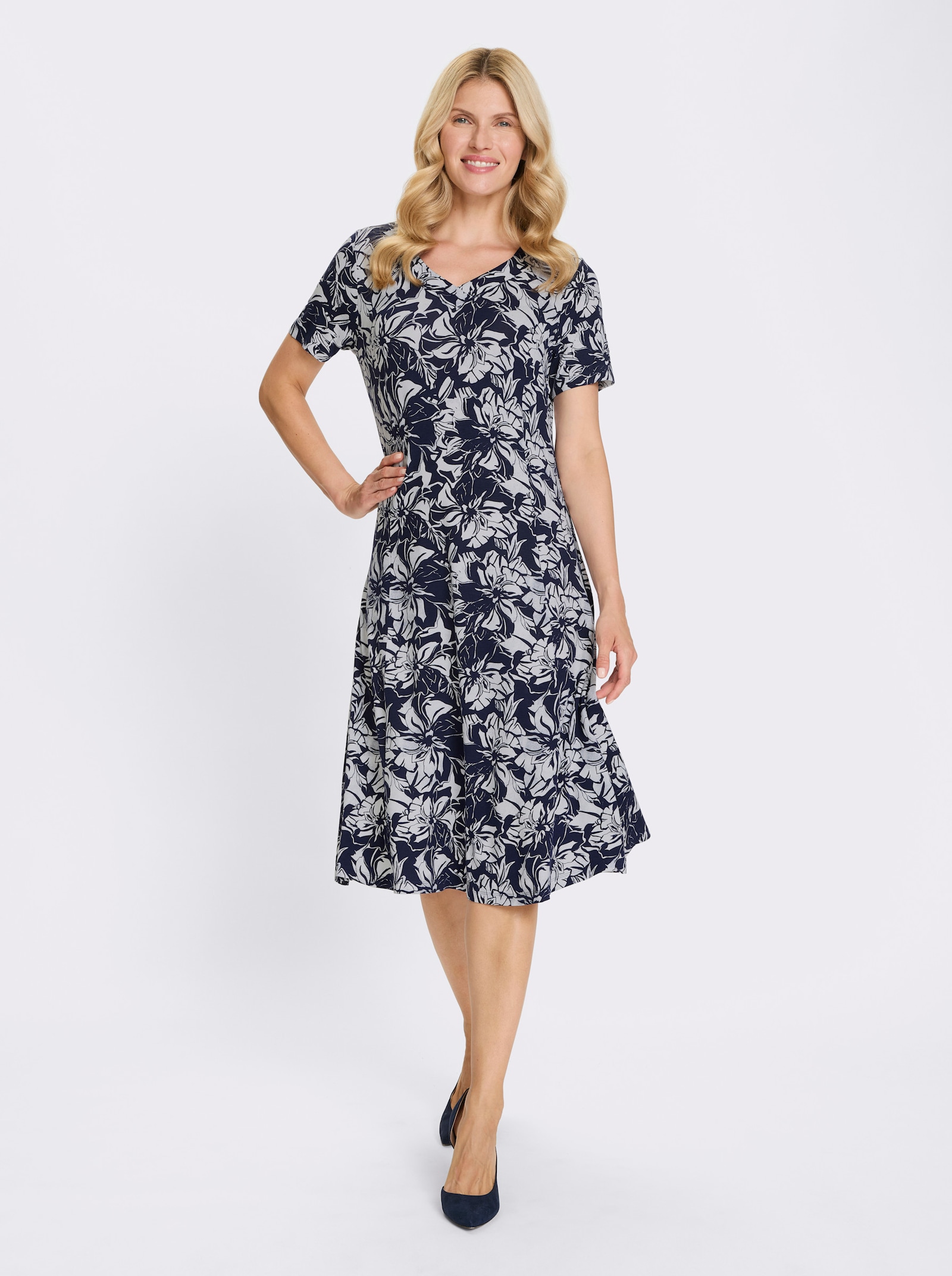 Jerseykleid mit ausgestelltem Rockteil - marine-ecru-bedruckt