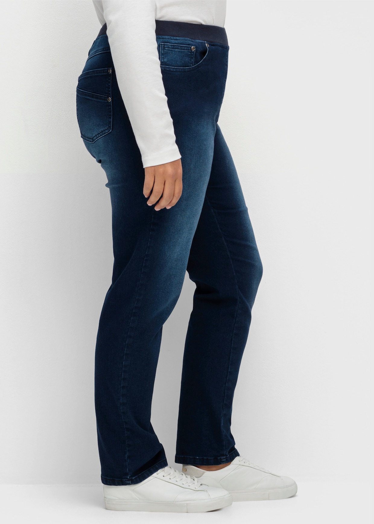 Schlupfjeans mit geripptem Strick-Dehnbund - dark blue