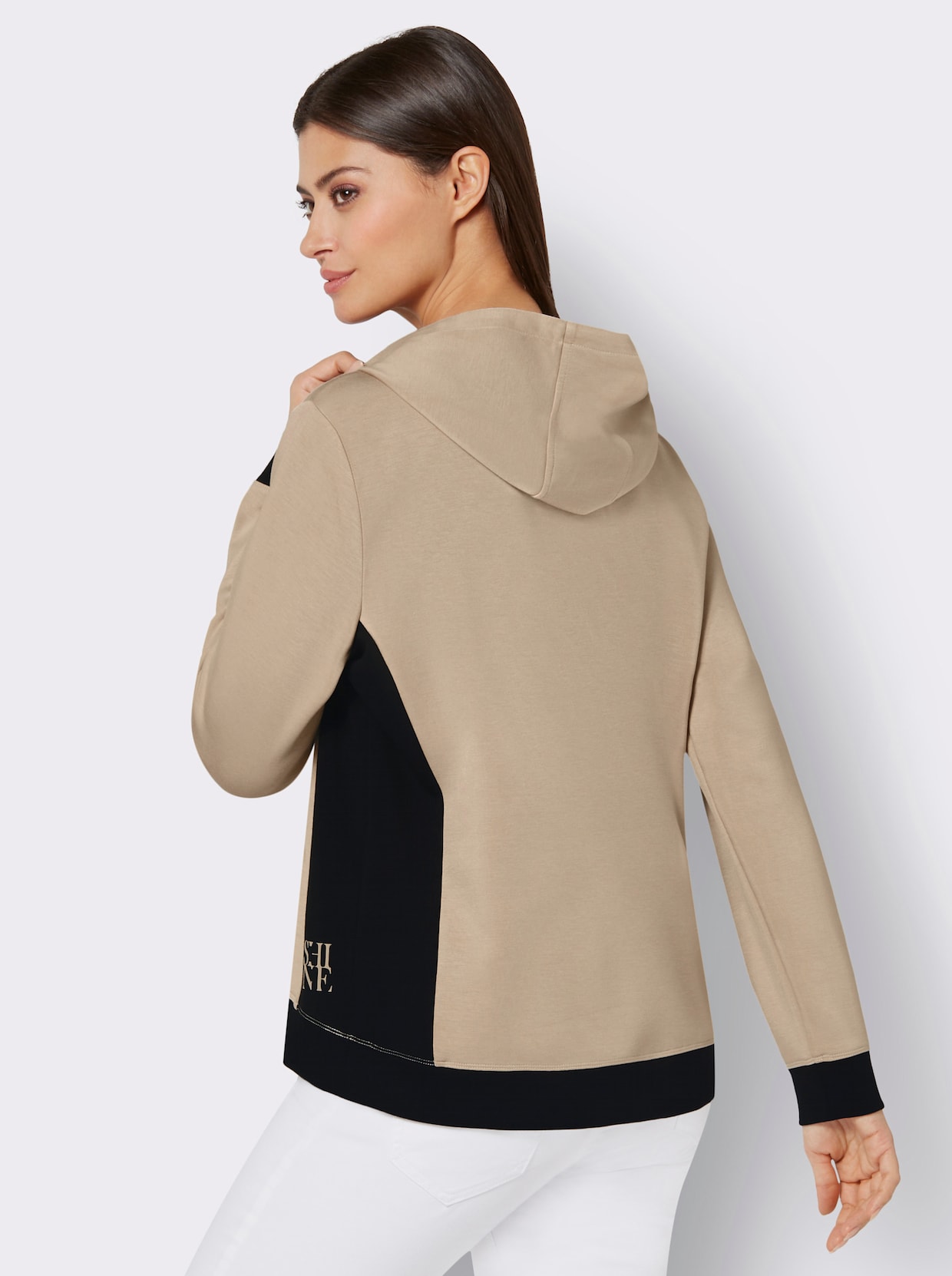 Sweatshirt met capuchon - beige/zwart geprint
