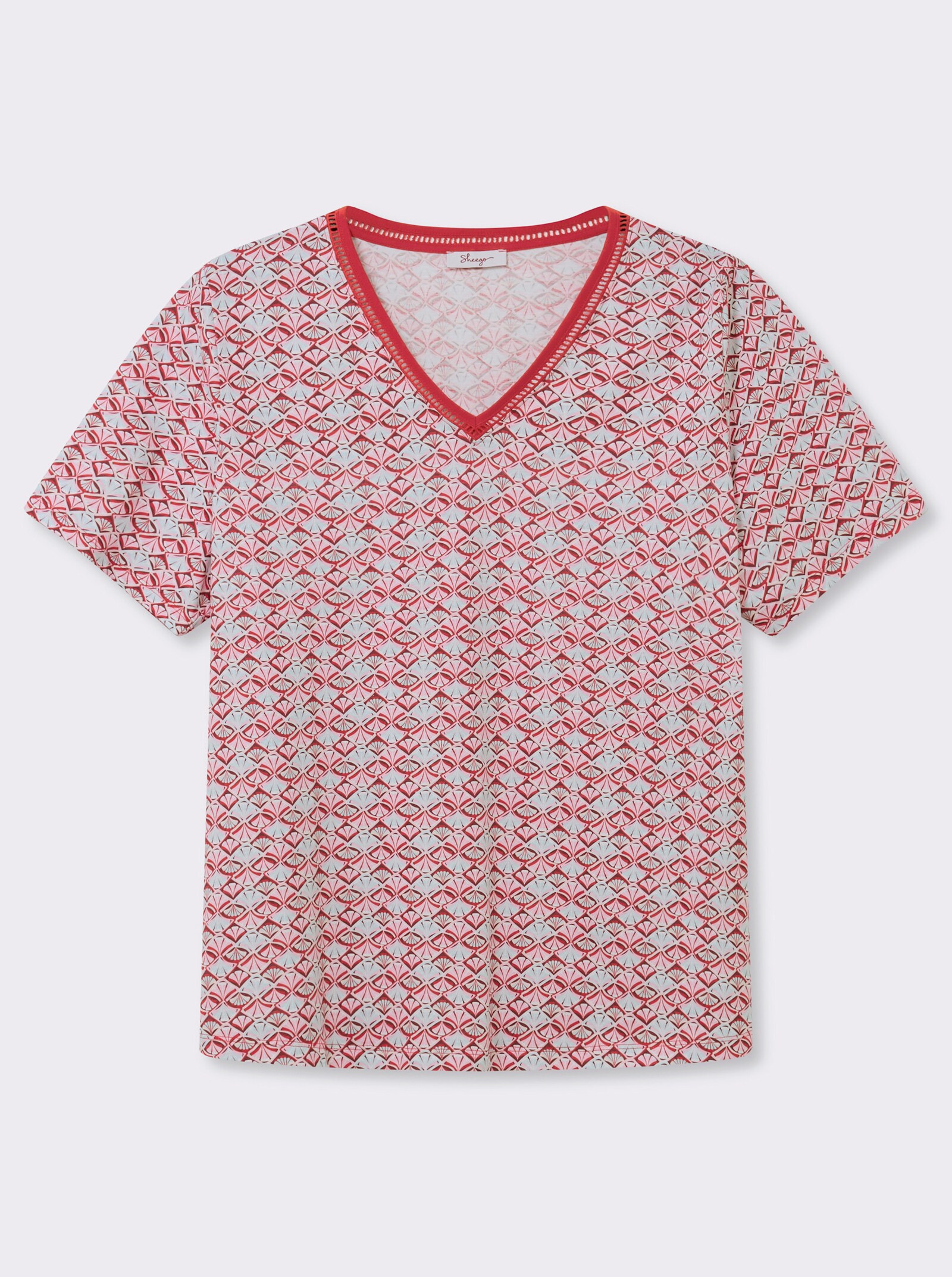 sheego V-Shirt mit Alloverdruck - koralle-bordeaux-bedruckt