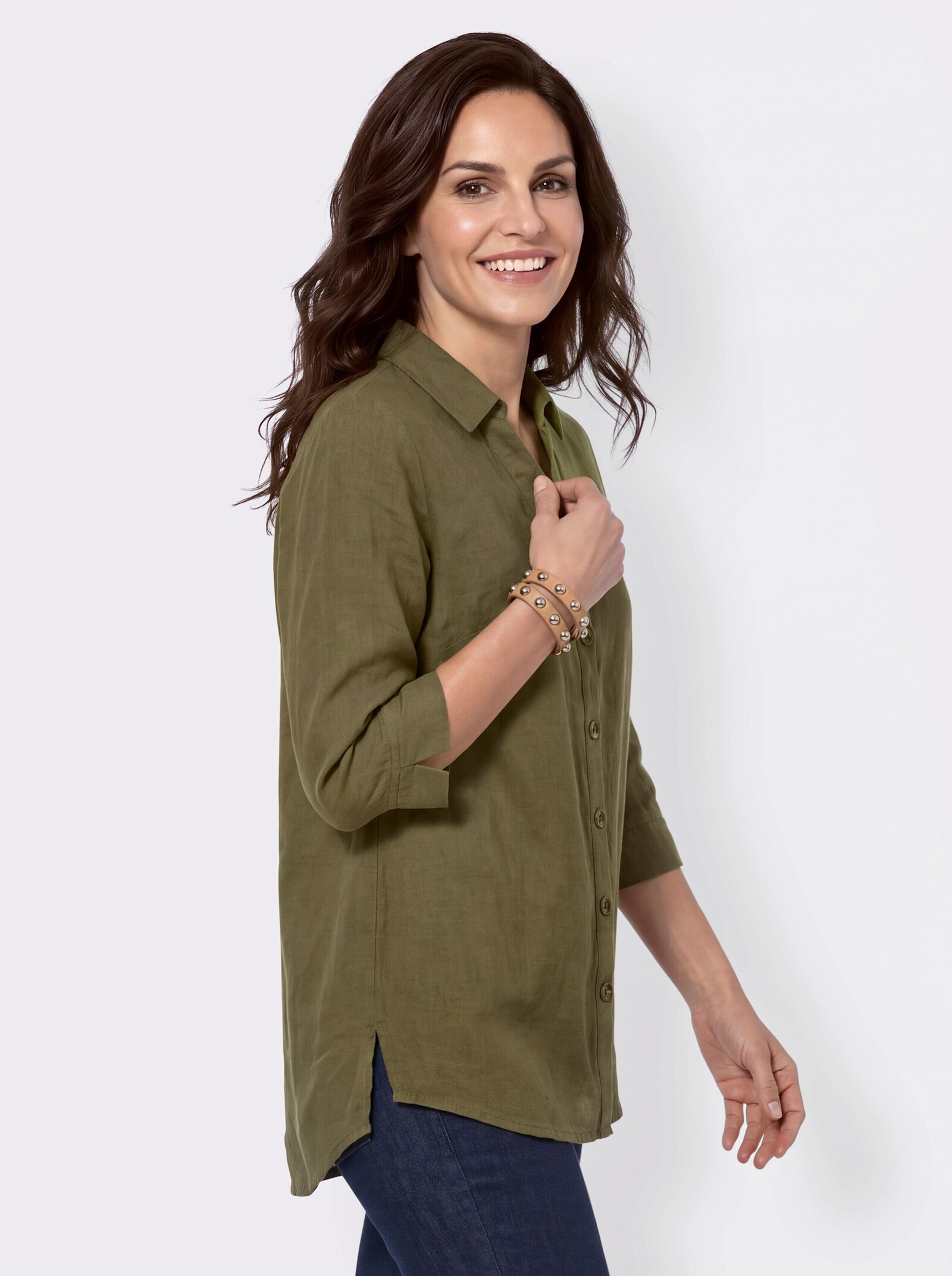 Longbluse in Baumwoll-Leinen-Mischung - oliv
