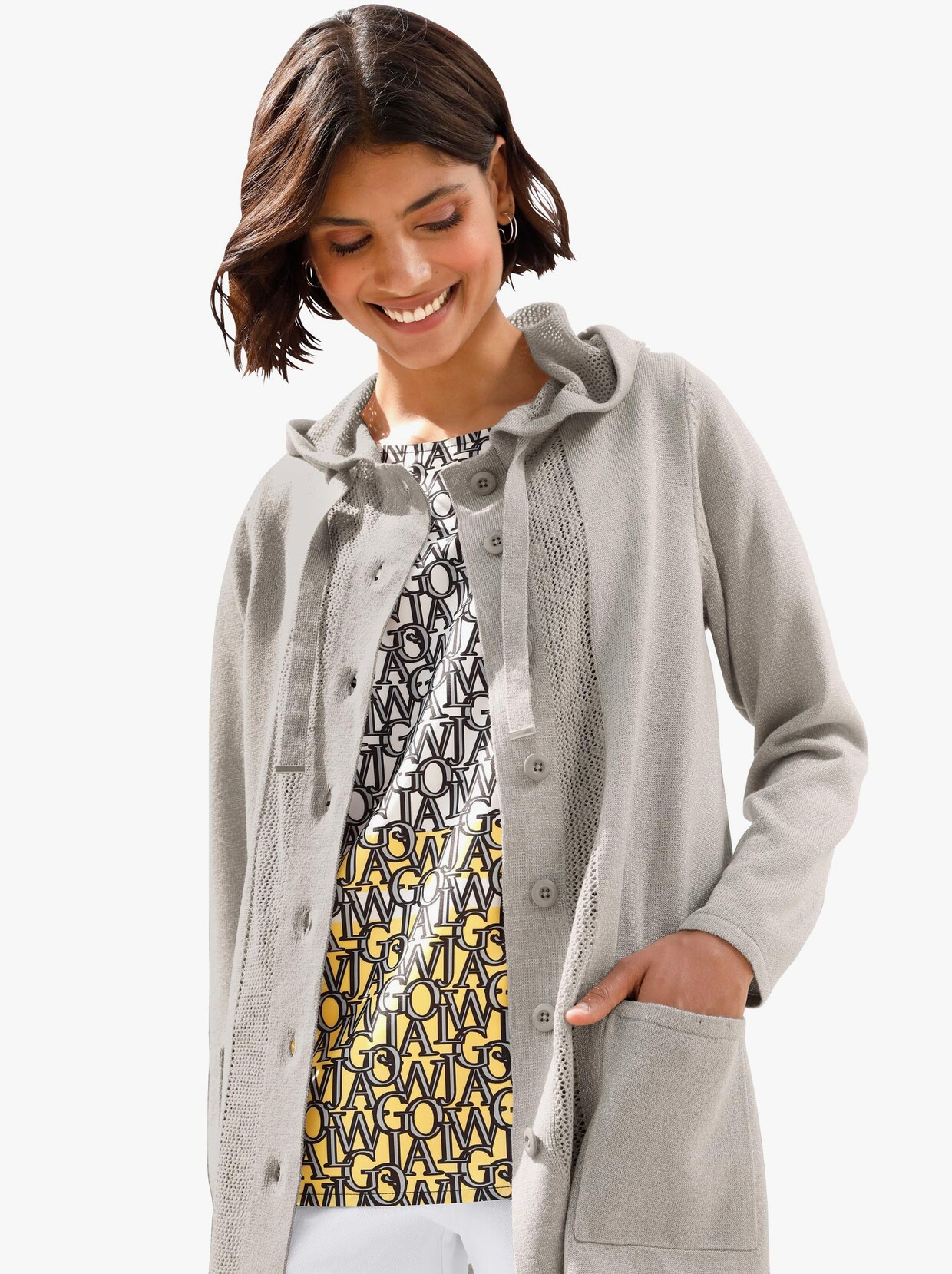 Long-Strickjacke - steingrau
