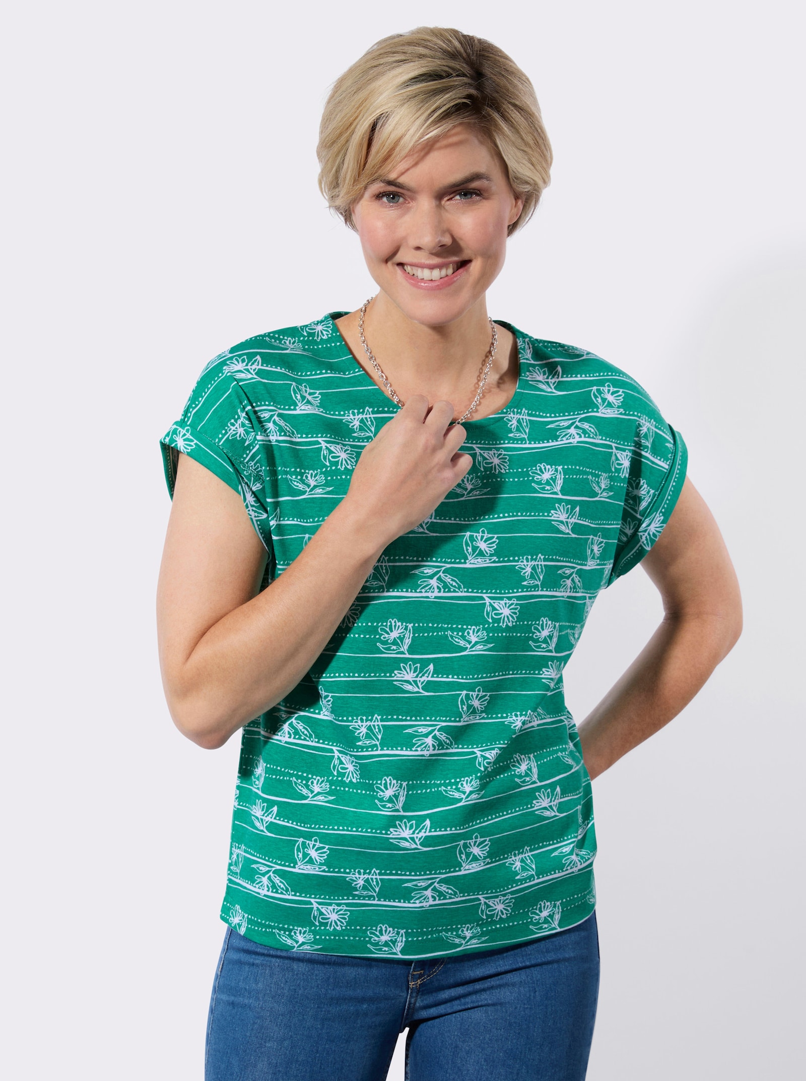 Shirt mit überschnittenen Schultern - smaragd-weiß-bedruckt