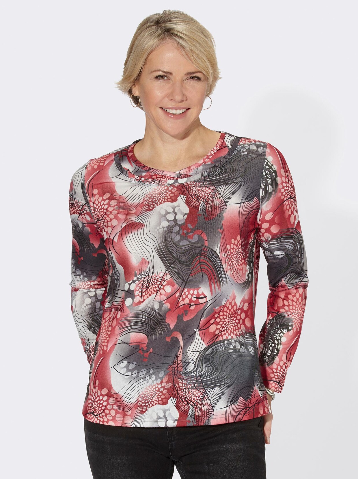 Langarmshirt - rot-grau-bedruckt