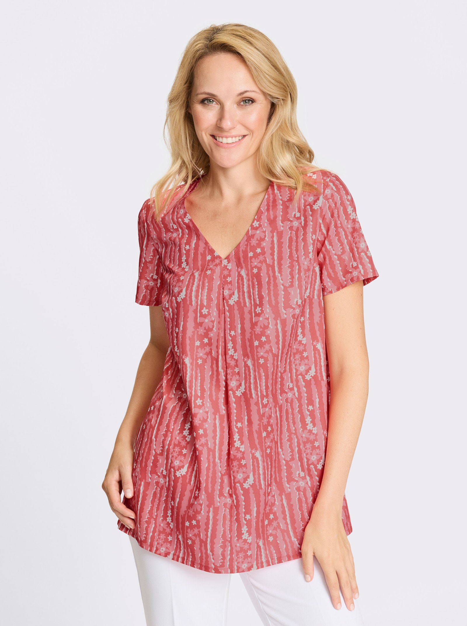 Tunika rozšířeného navlékacího střihu - grepová-ecru-potisk