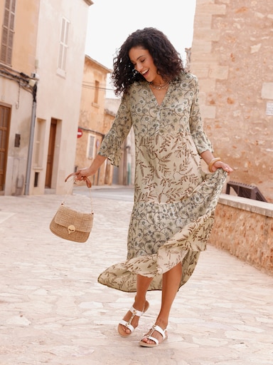 Druckkleid mit Volants an den Ärmeln - sand-cognac-bedruckt