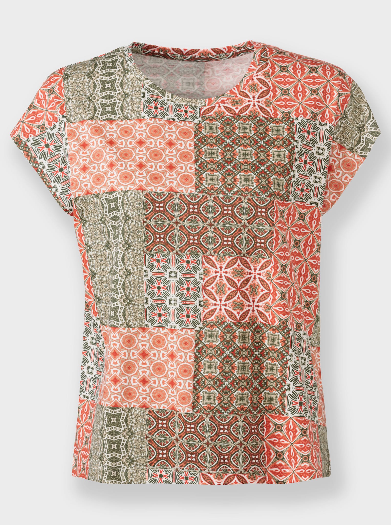 Rundhalsshirt in Patch-Optik - papaya-khaki-bedruckt