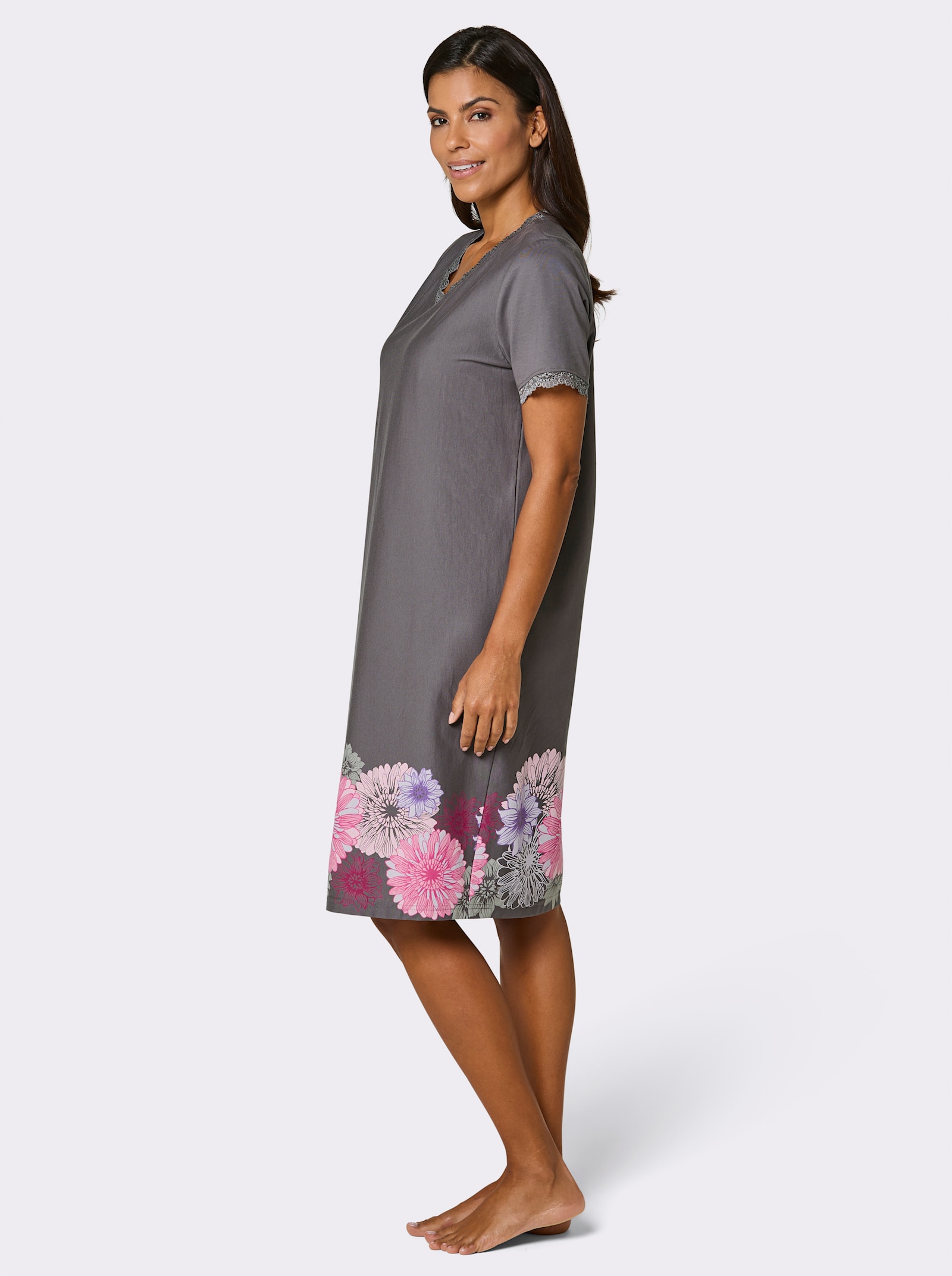 wäschepur Kurzarm-Sleepshirt mit Blumenbordüre - anthrazit-fuchsia-bedruckt