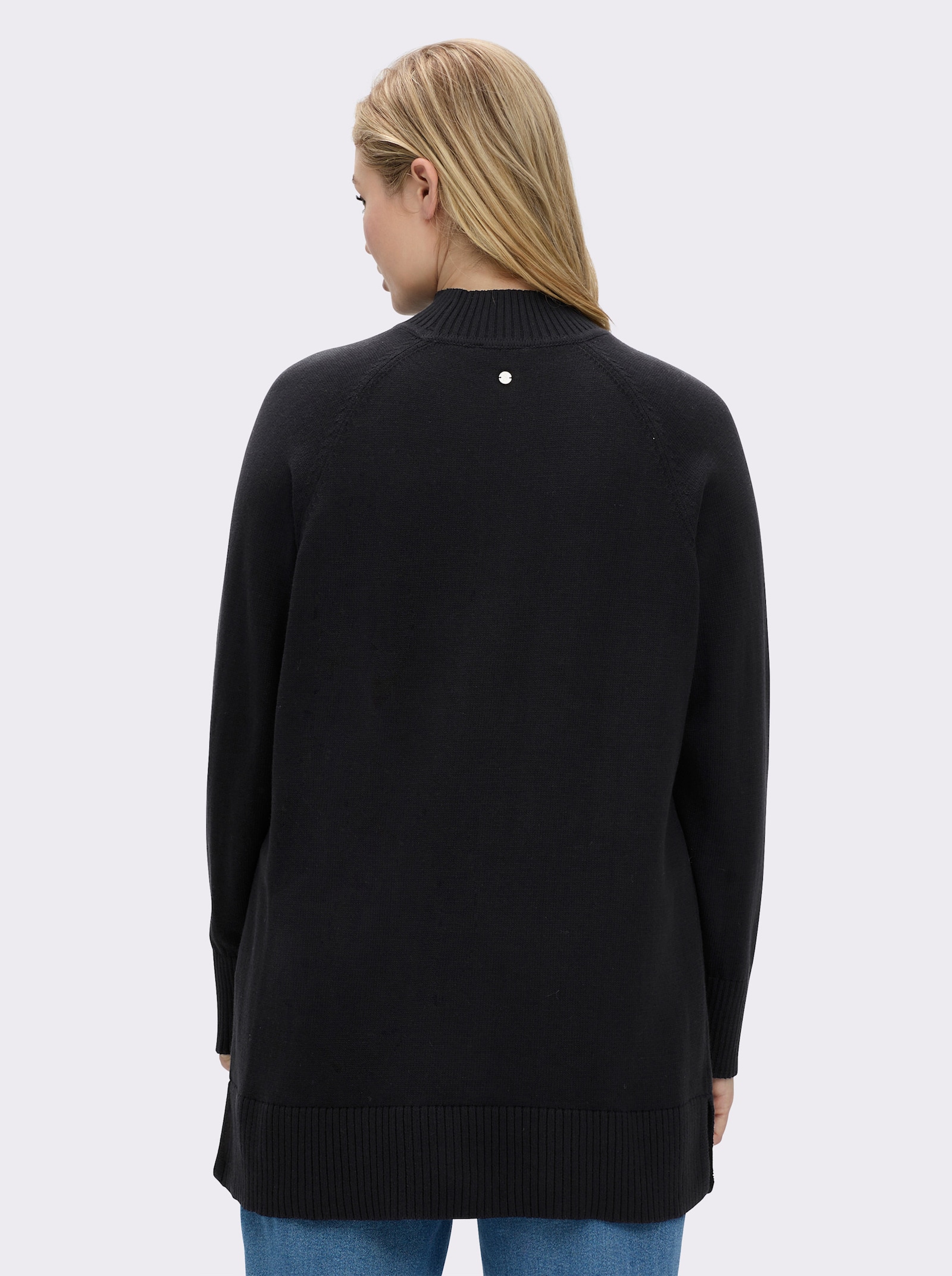 sheego Longpullover mit Stehkragen und Rippabschlüssen - schwarz