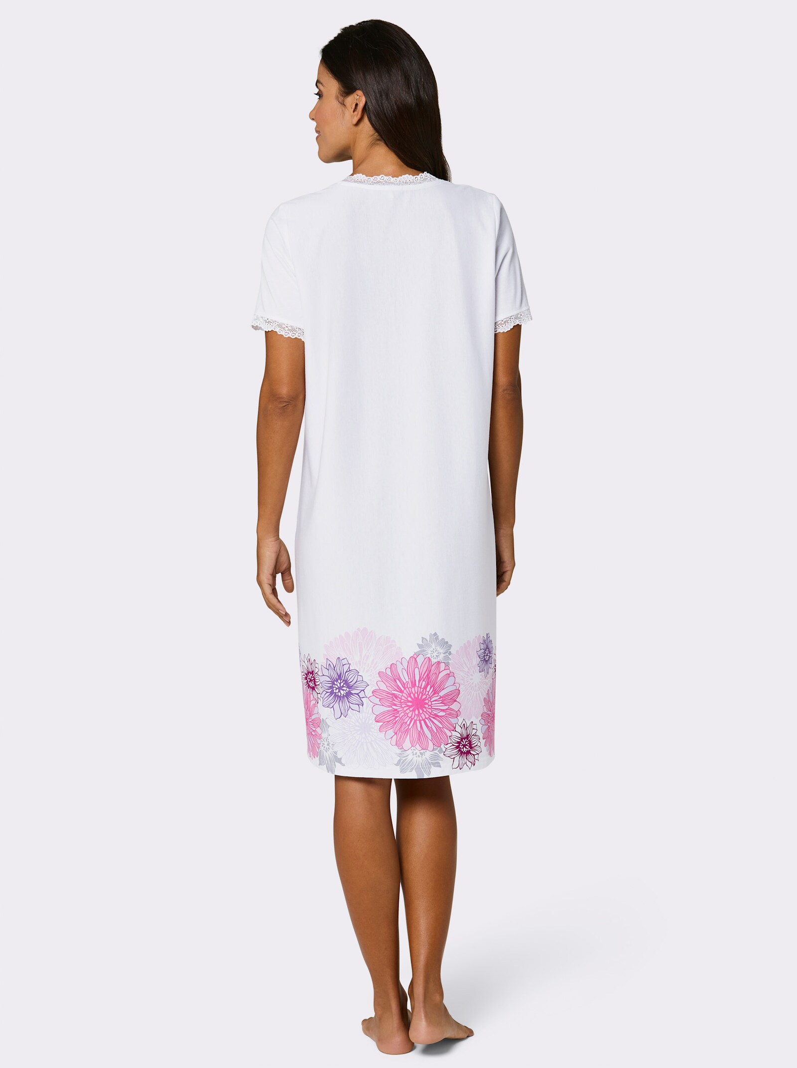 wäschepur Kurzarm-Sleepshirt mit Blumenbordüre - weiß-fuchsia-bedruckt