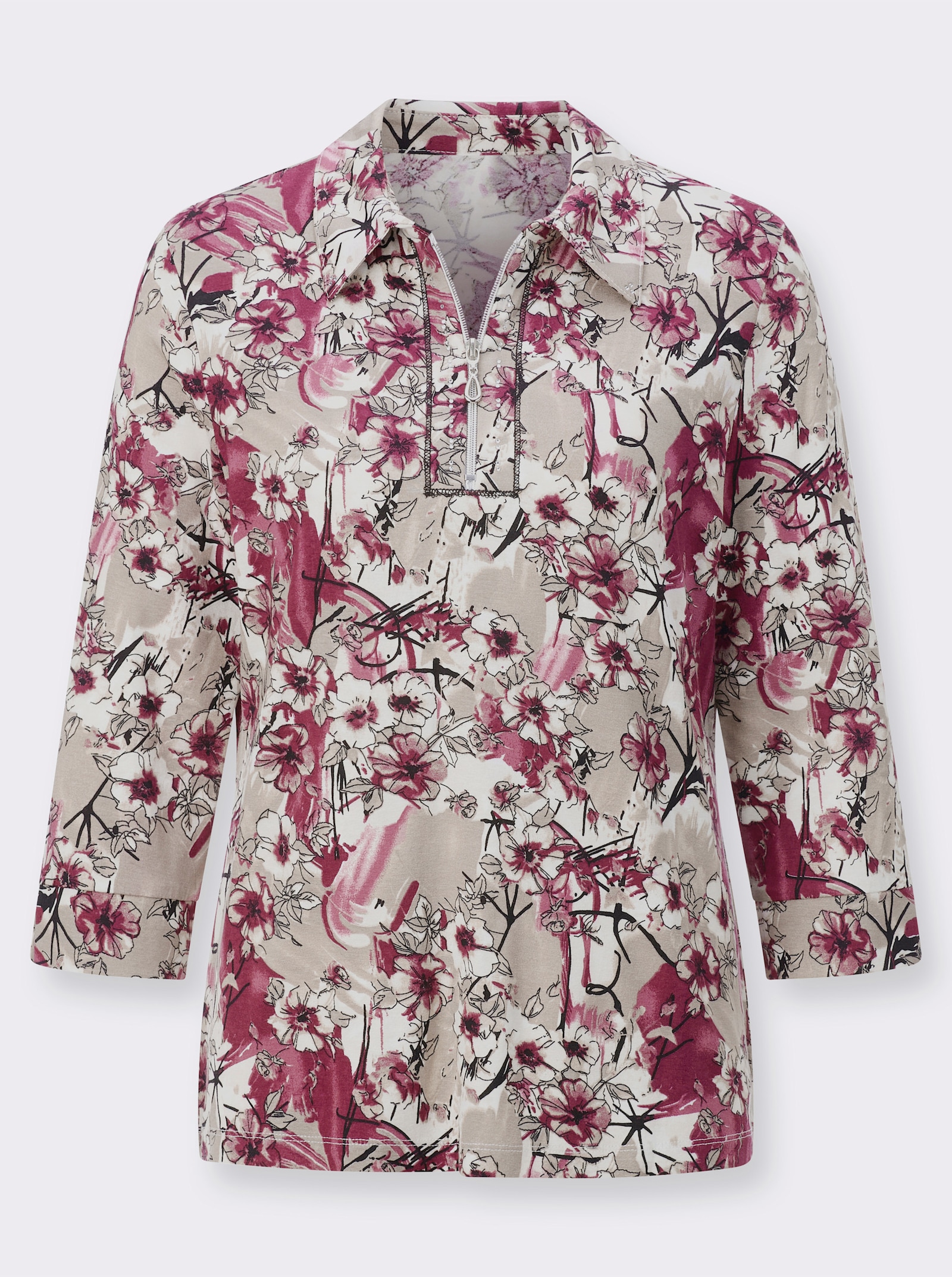 Poloshirt mit Glitzersteinchen - bordeaux-taupe-bedruckt