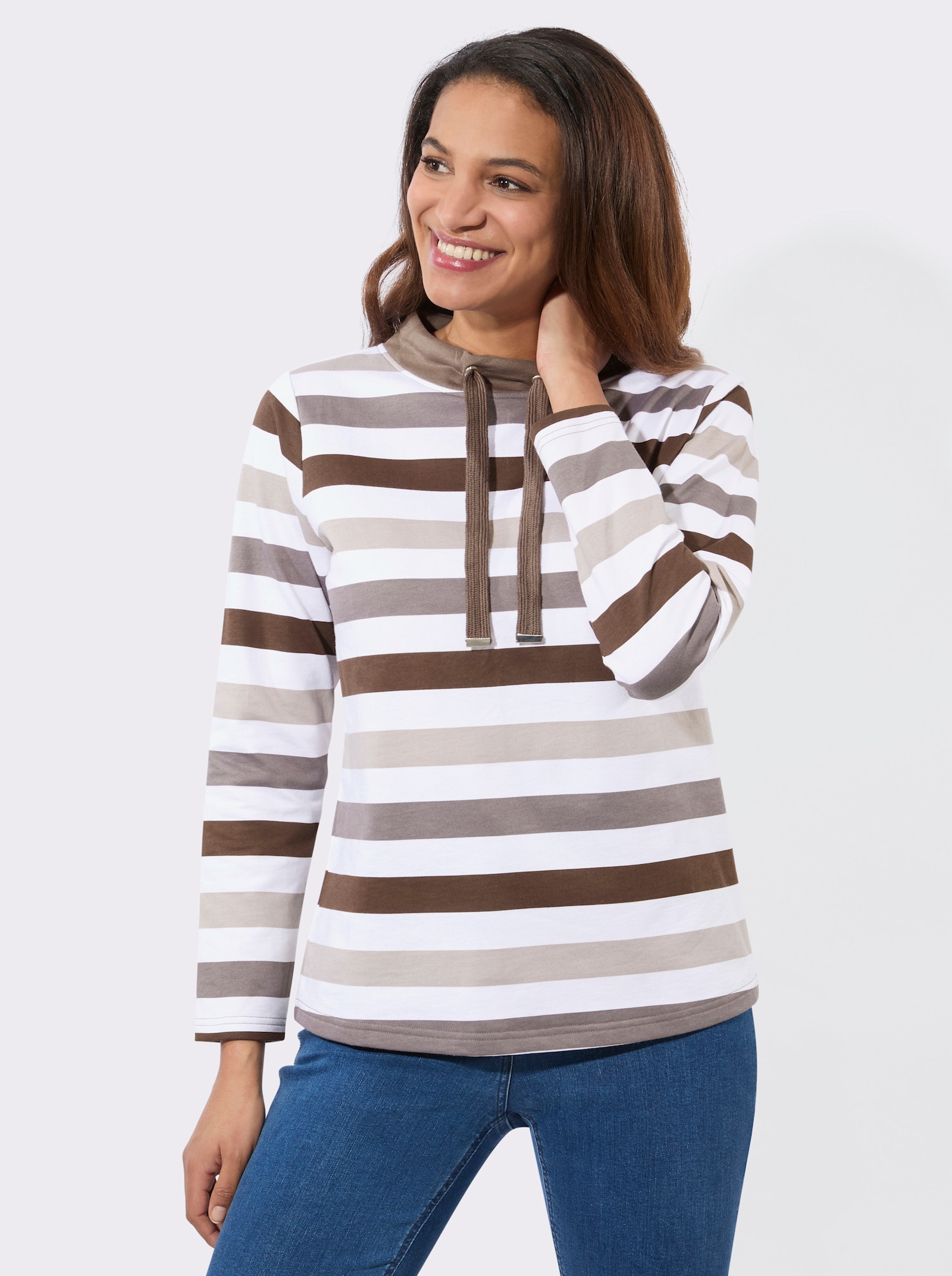 Sweatshirt mit halsfernem Stehkragen - sesam-dunkeltaupe-geringelt