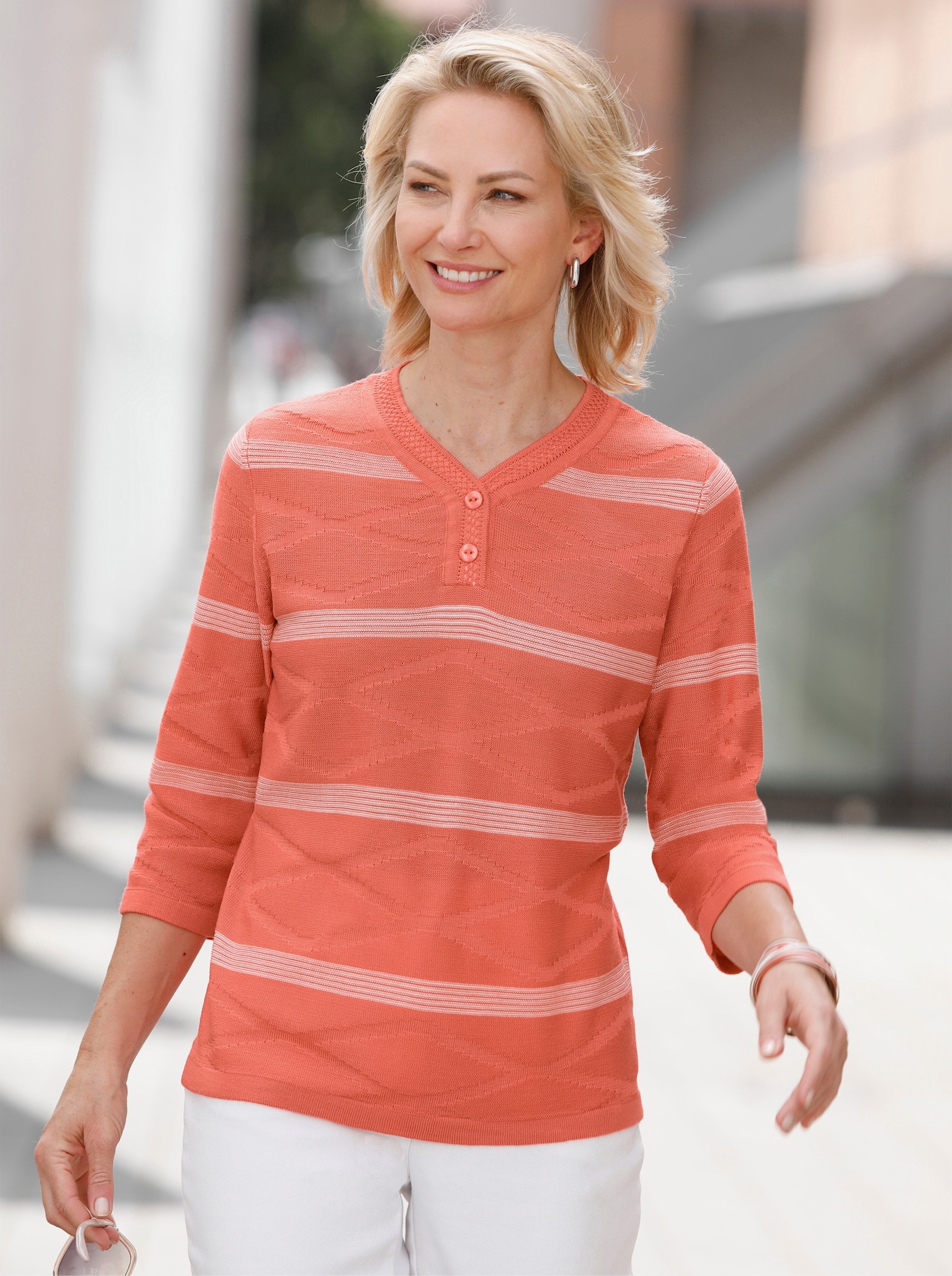 Feinstrickpullover in Linksstrick-Optik - grapefruit-ecru-gemustert