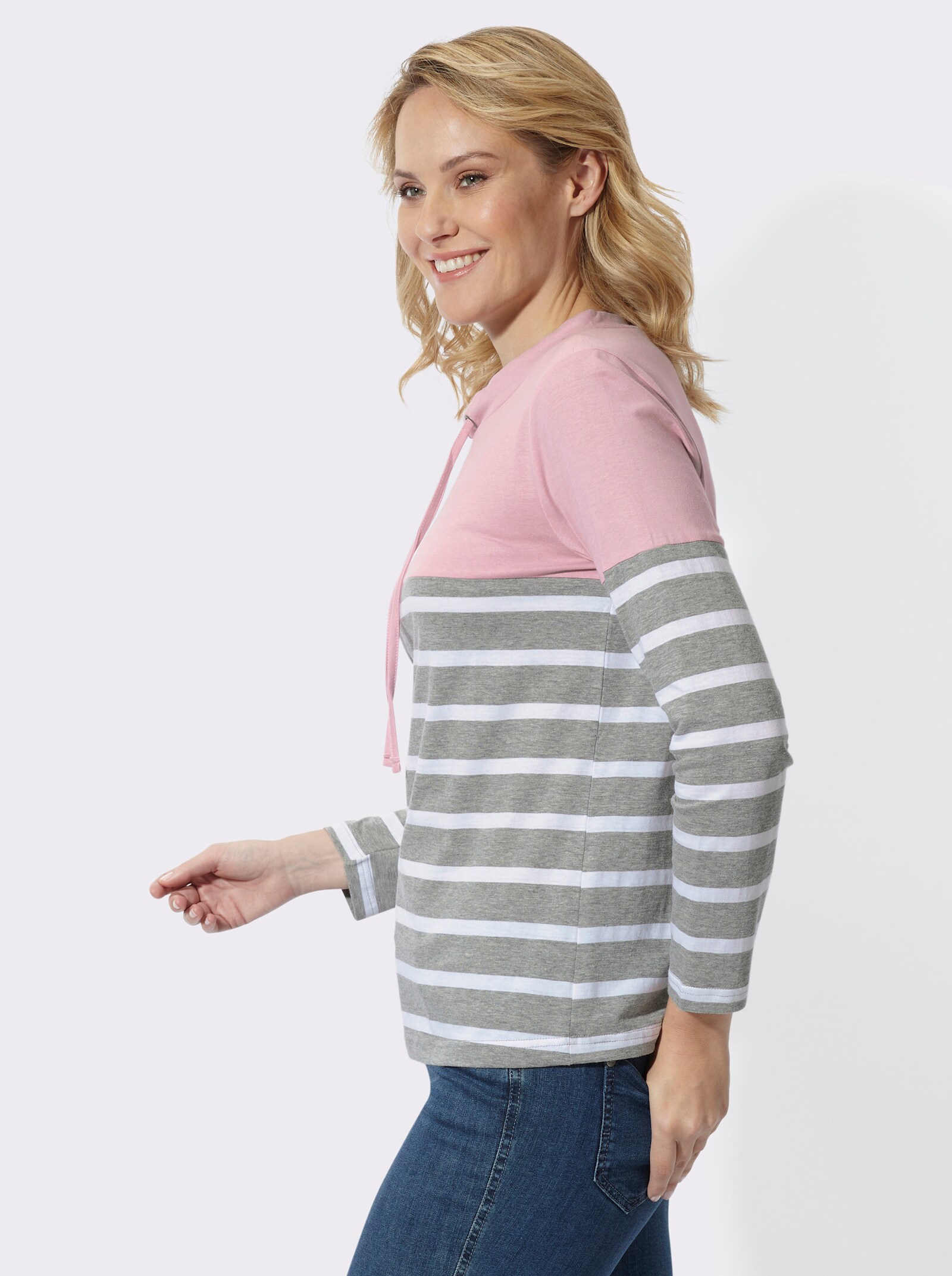 Stehkragenshirt mit Colour-Blocking - rosé-grau-geringelt