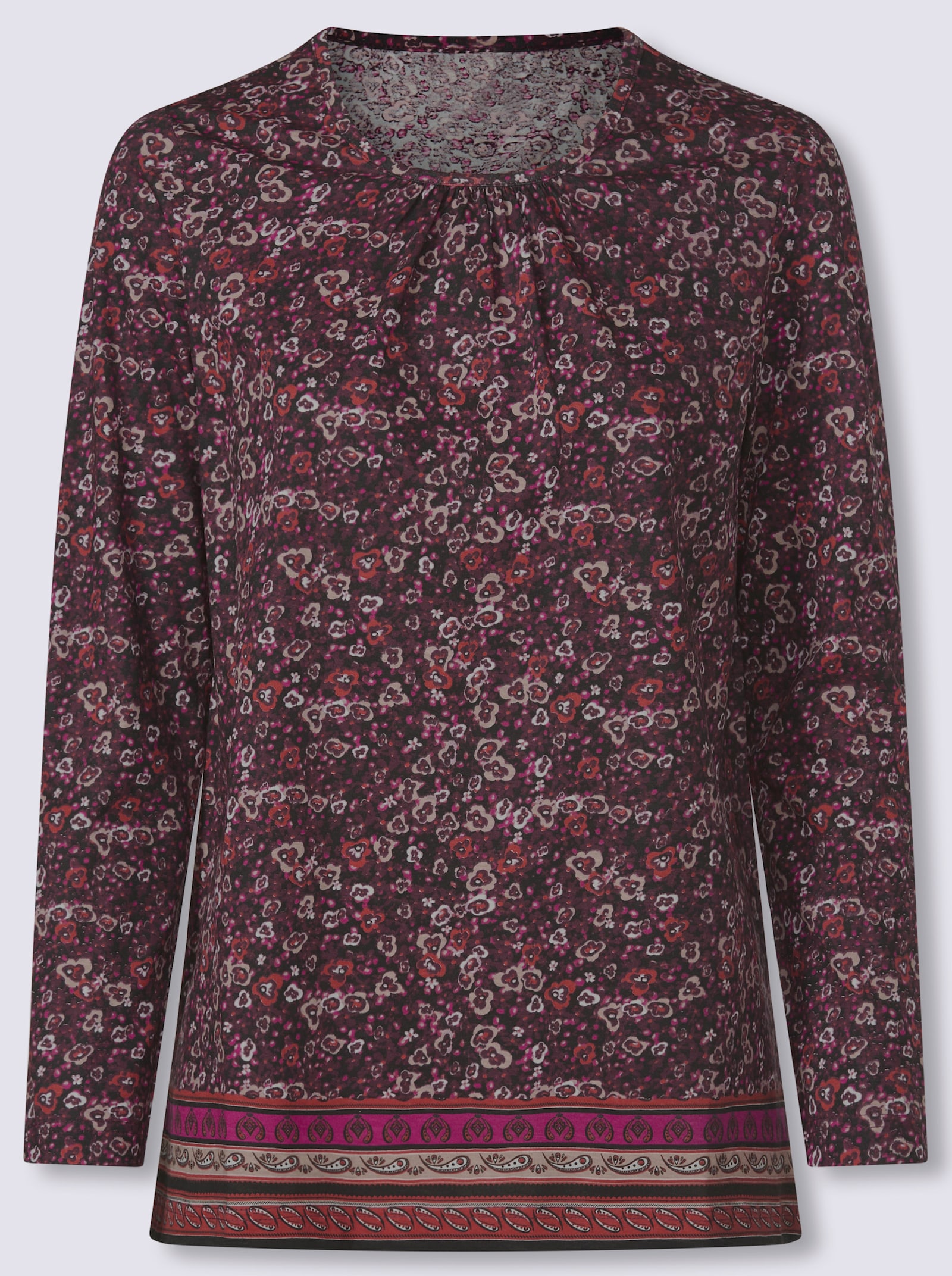 Longshirt mit Bordüren-Druck am Saum - schwarz-burgund-bedruckt