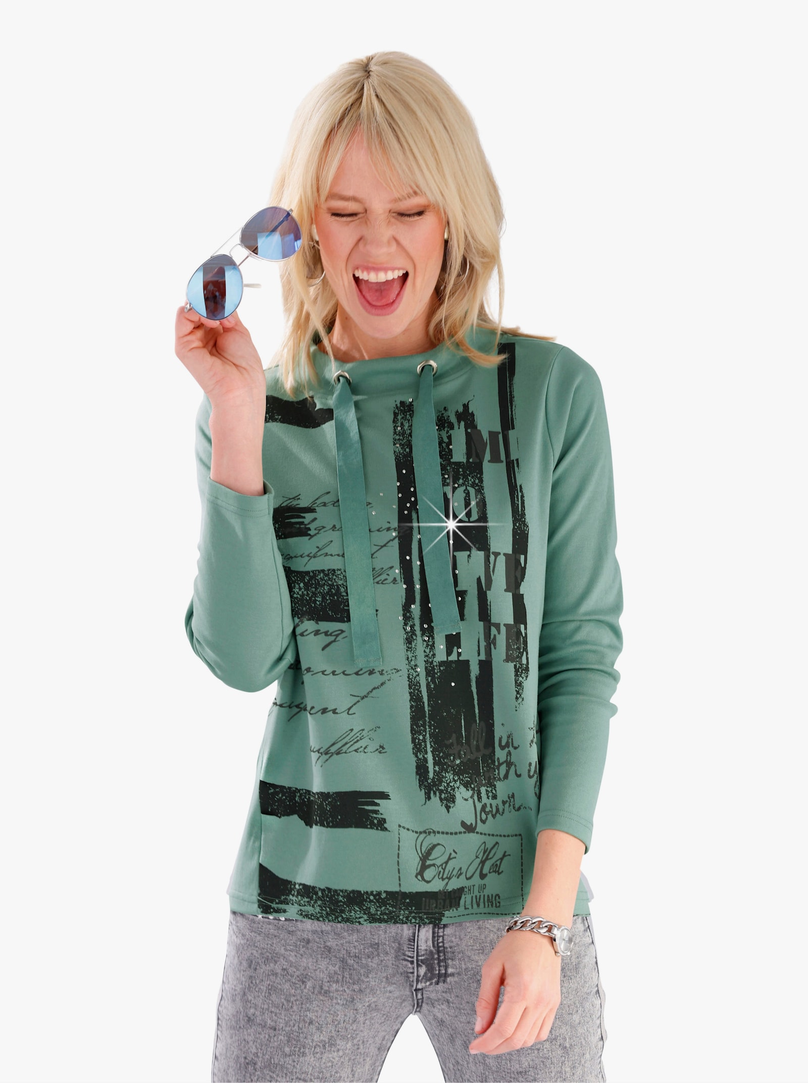 Sweatshirt mit grafischem Druck - salbei