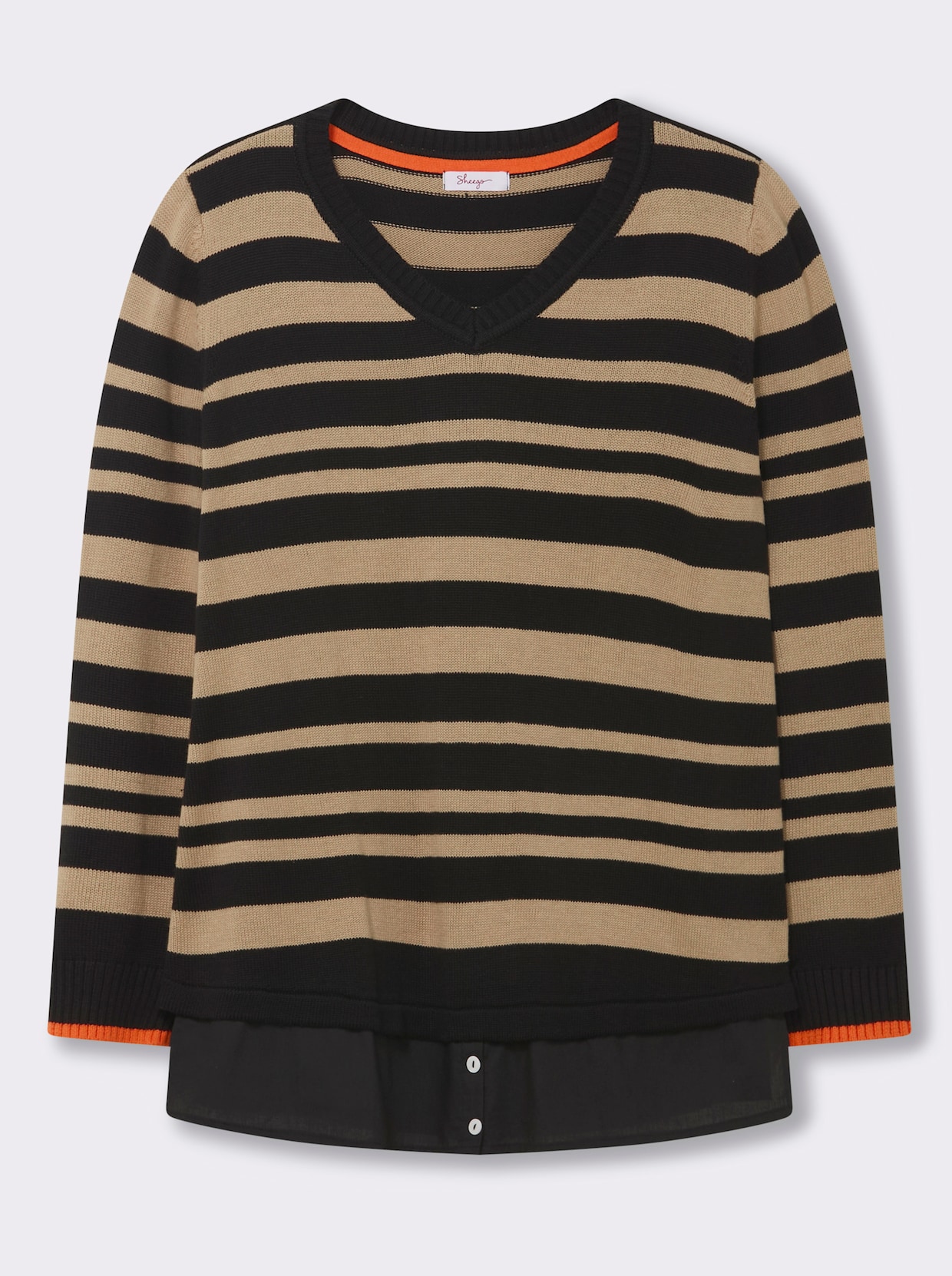 sheego V-Ausschnitt-Pullover - schwarz-beige-gestreift