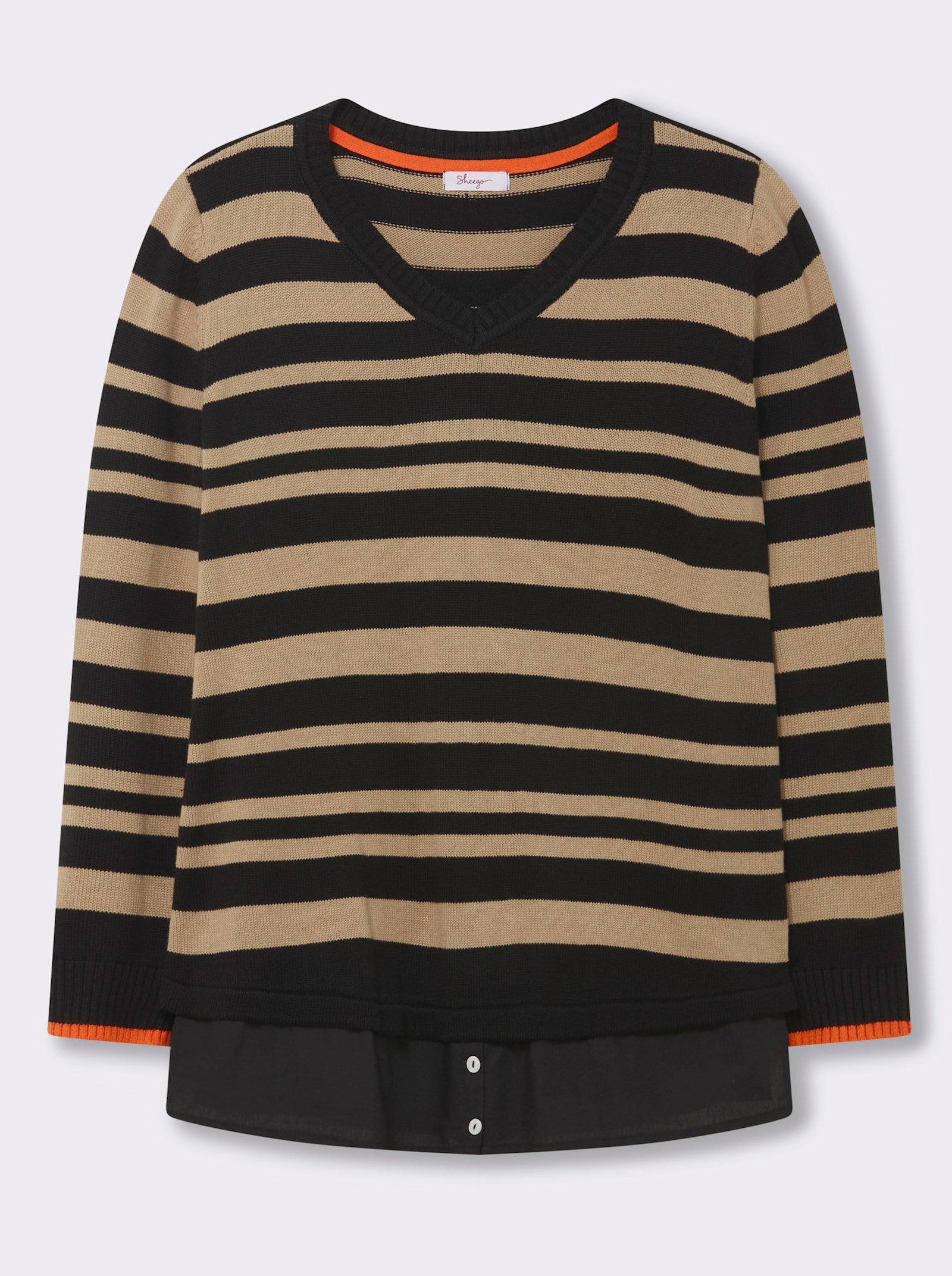 sheego V-Ausschnitt-Pullover mit Bluseneinsatz am Saum - schwarz-beige-gestreift