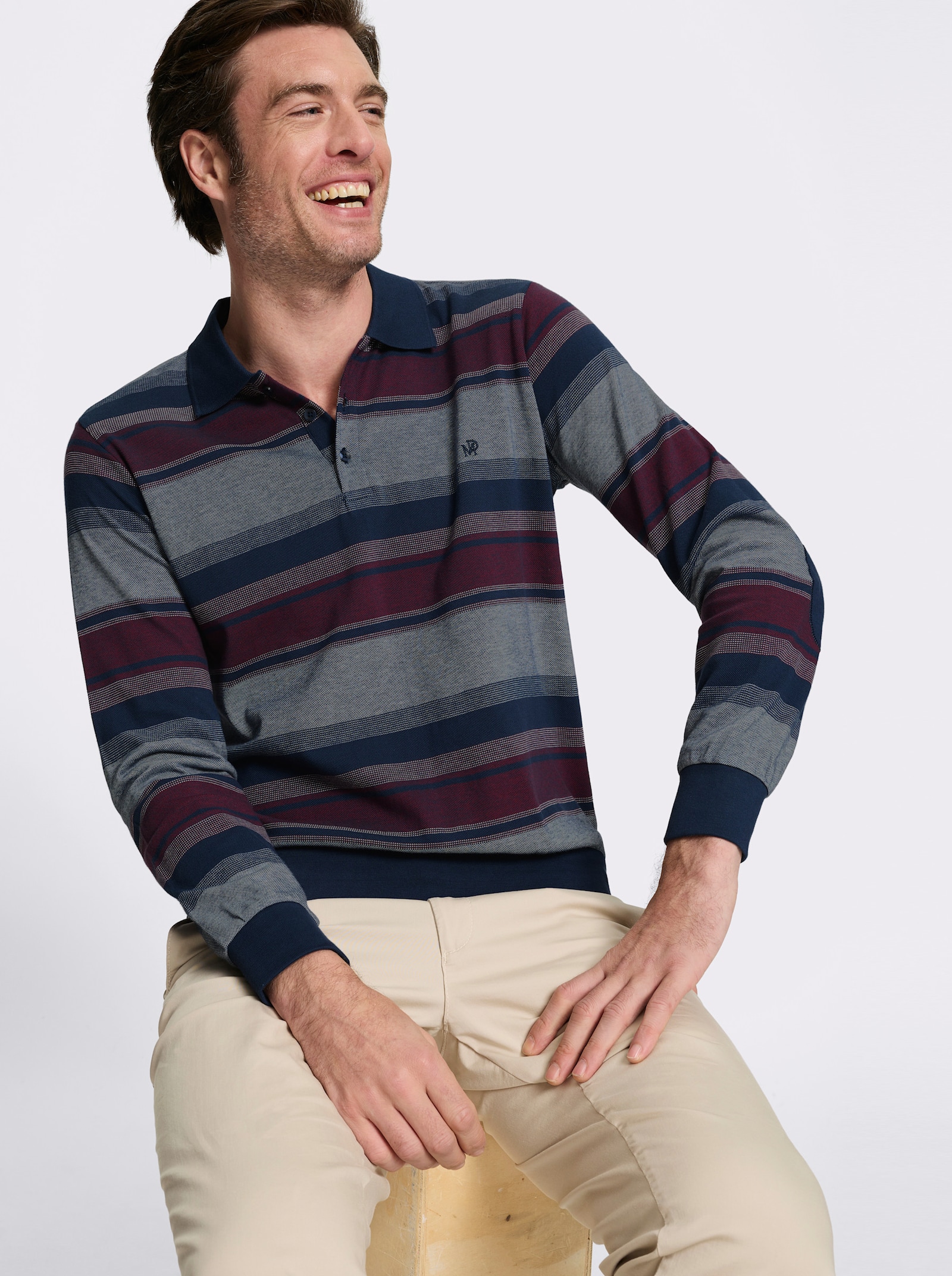 Marco Donati Langarm-Poloshirt mit Ellenbogen-Patches - dunkelblau-bordeaux-gestreift