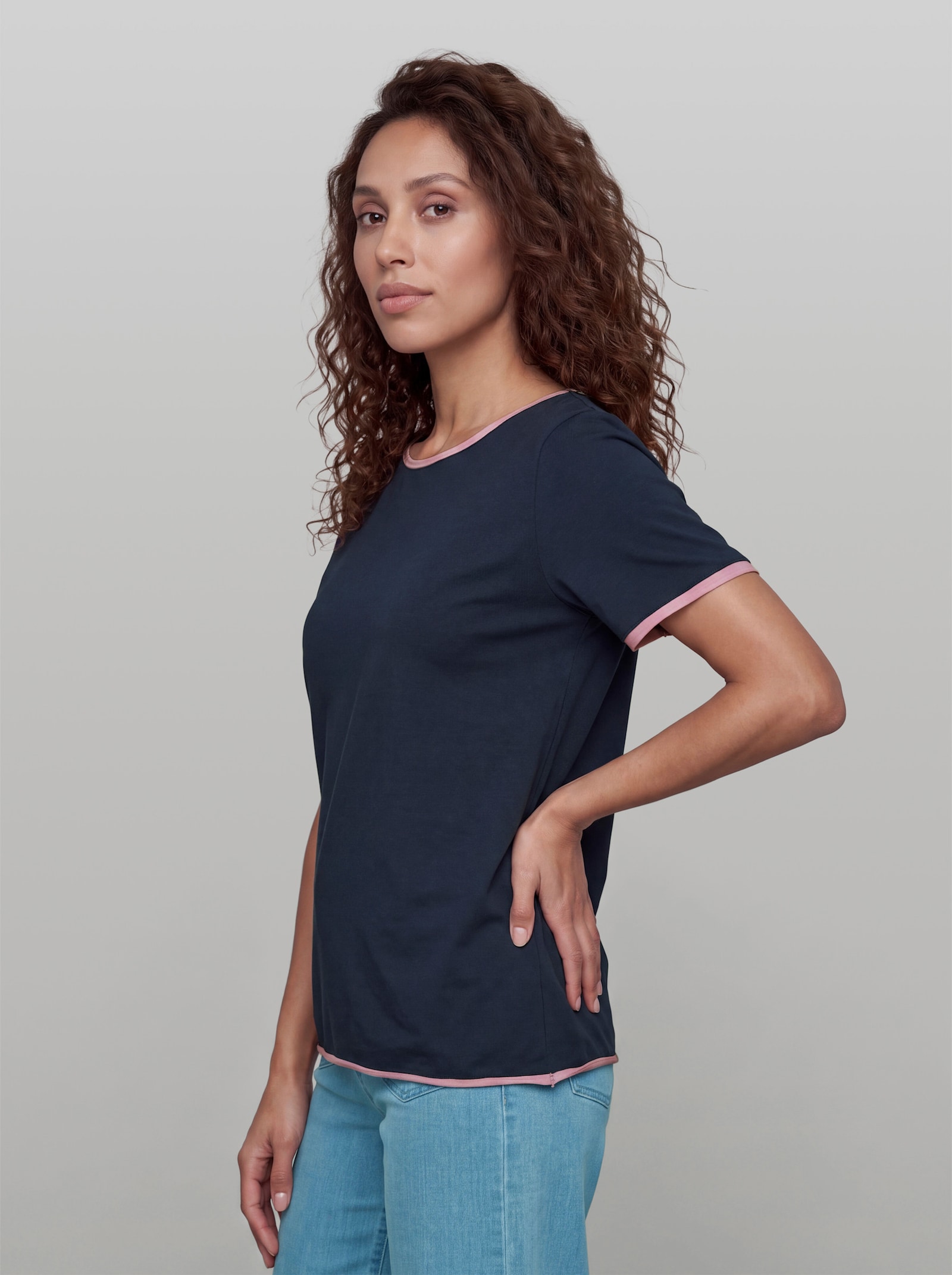 heine Kurzarmshirt mit Rollkanten - marine-rosé