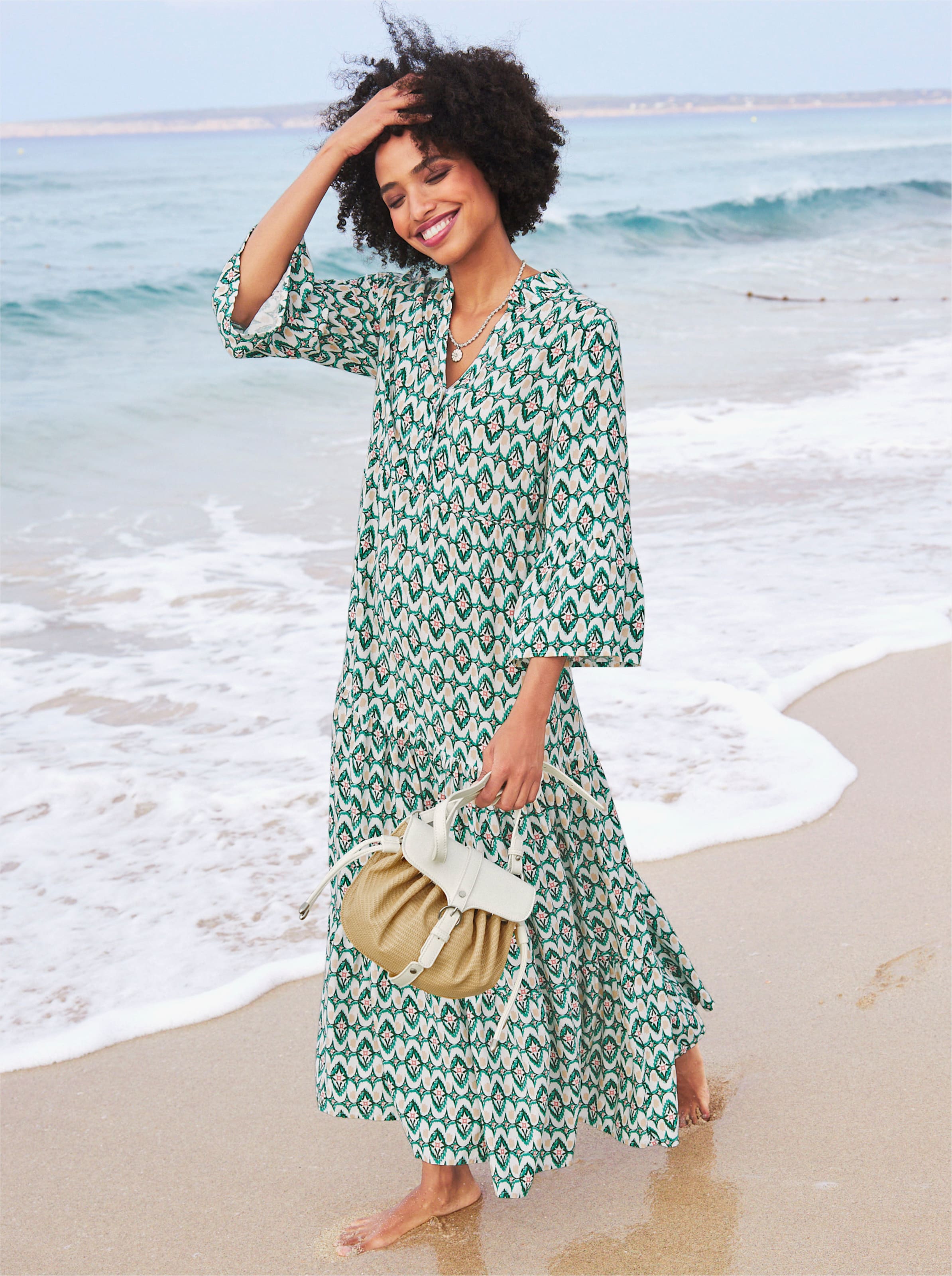 heine Maxi-jurk in smaragdgroen/apricot bedrukt heine