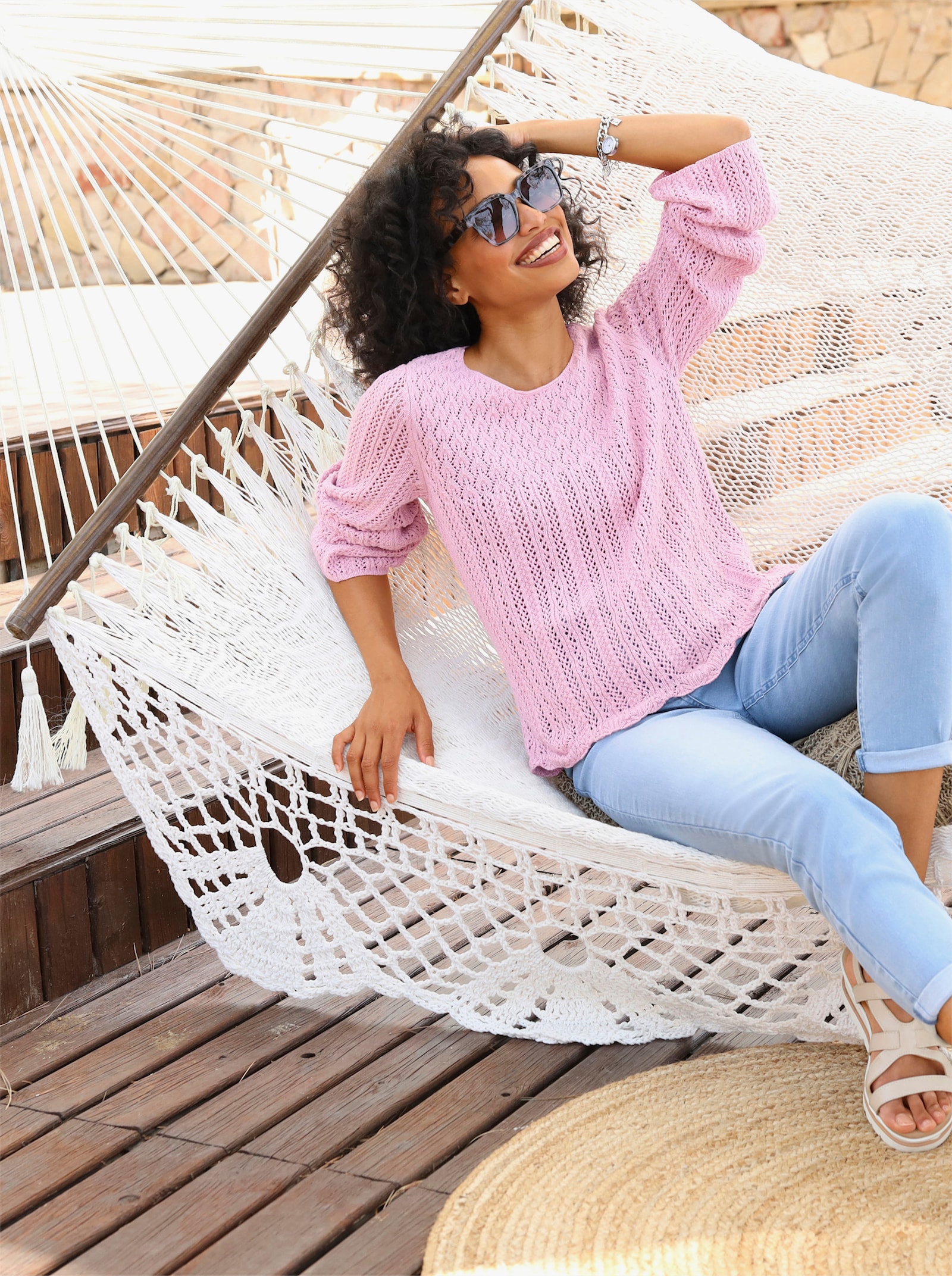 heine 5-Pocket-Jeans mit Bindeband am Bund - blue-bleached