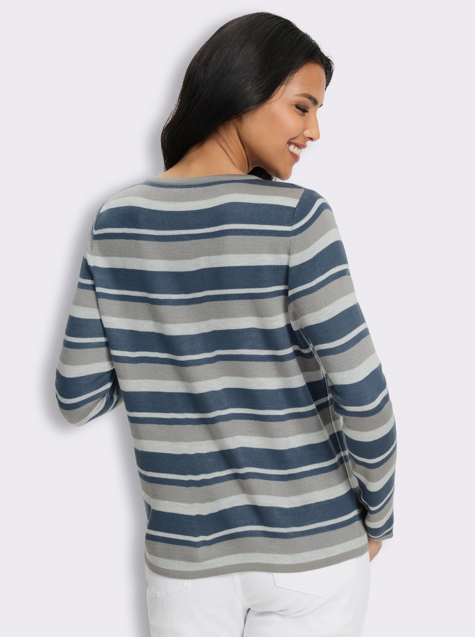 Jacquard-Pullover mit Streifen und Schriftzug - steingrau-rauchblau-gemustert