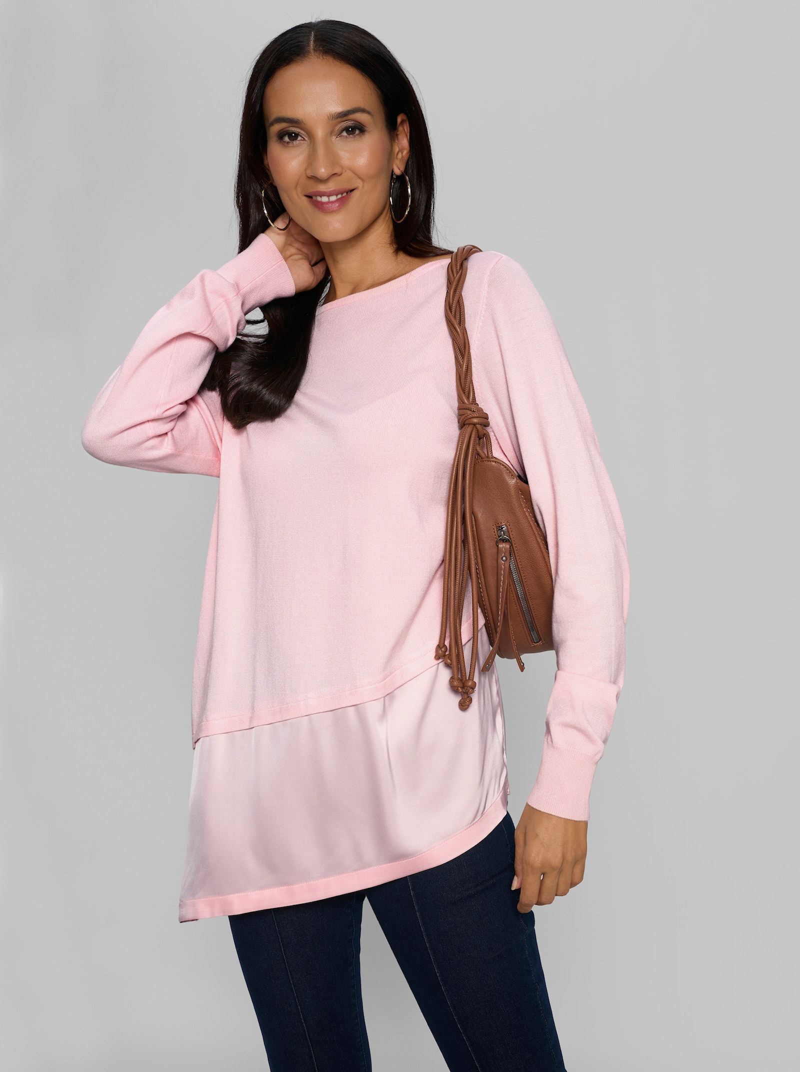 heine Longpullover mit Bluseneinsatz aus Satin - hellrosé