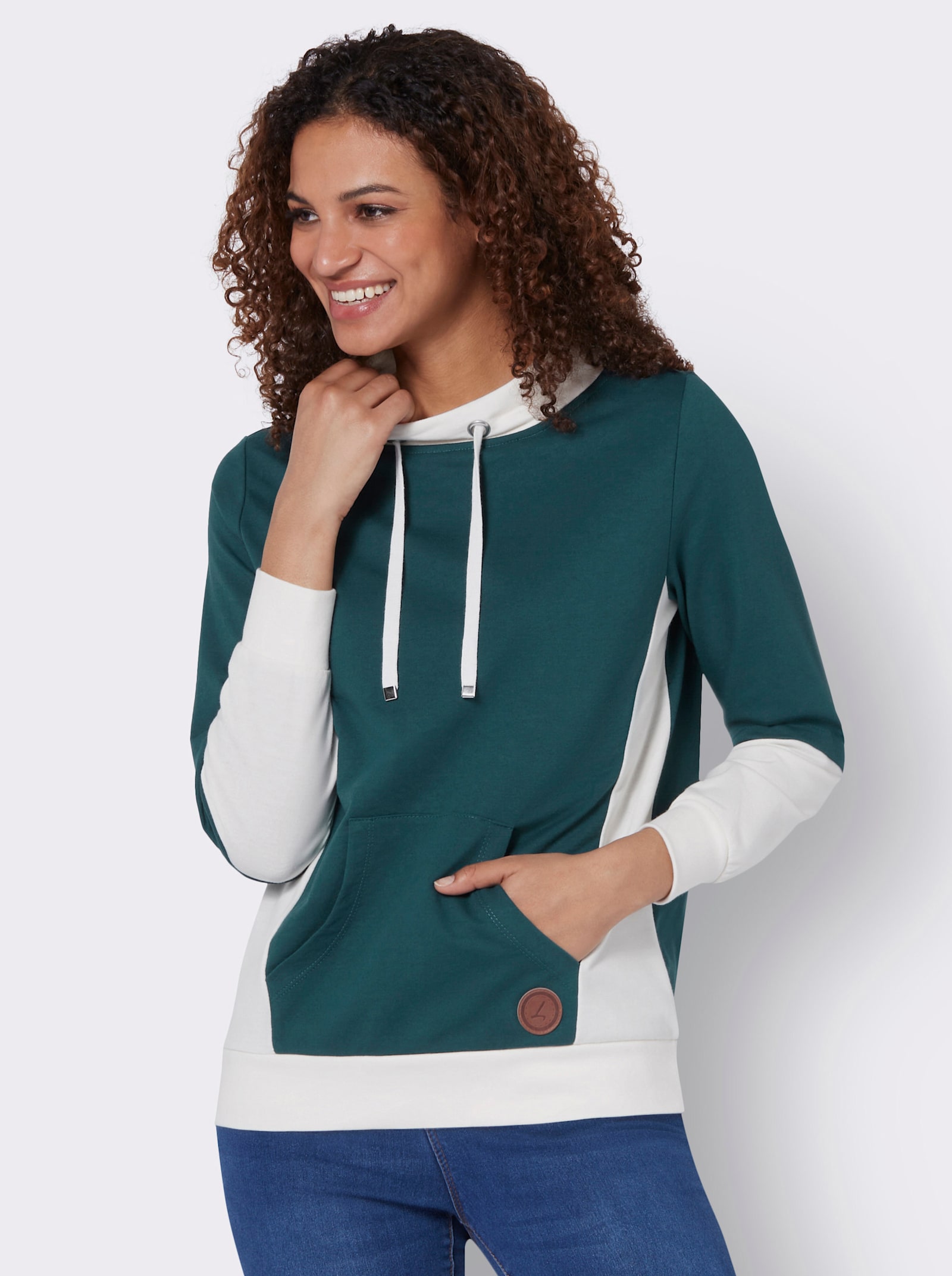 Langarmshirt mit Känguru-Tasche - petrol-champagner