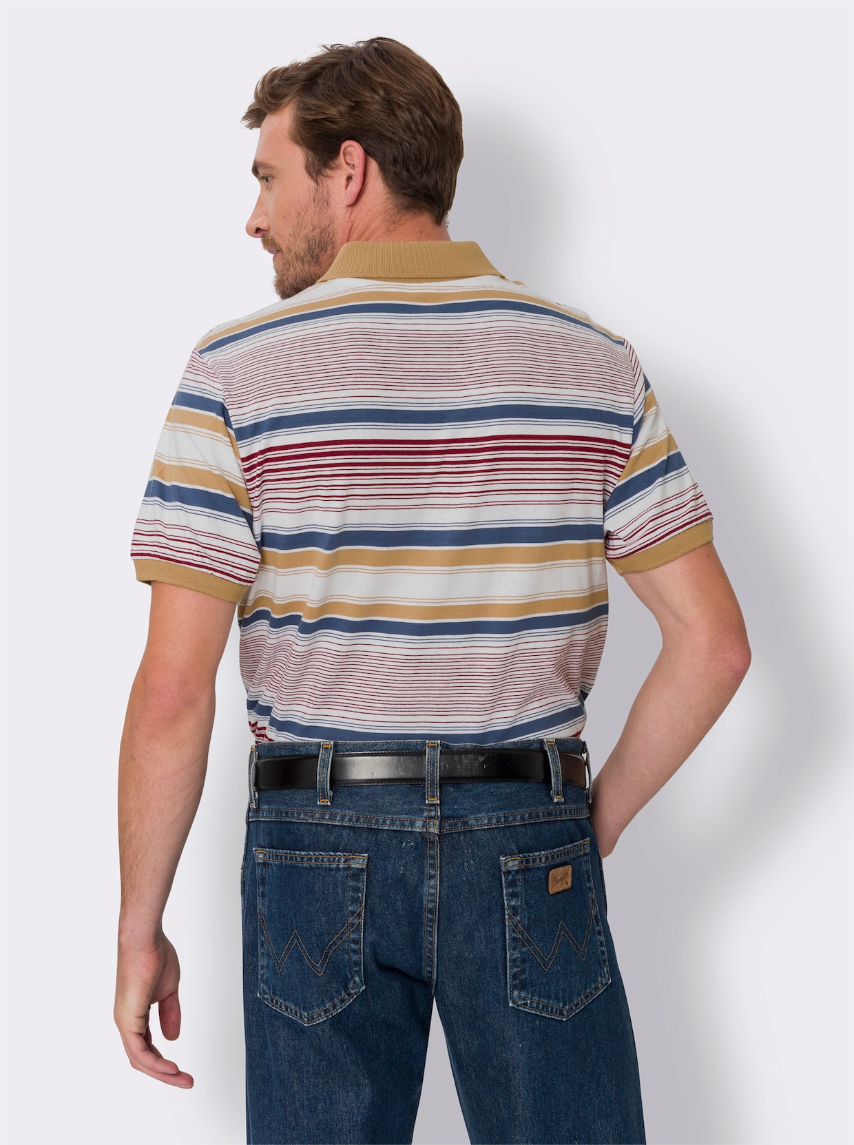 Kurzarm-Poloshirt - weiß-jeansblau-geringelt