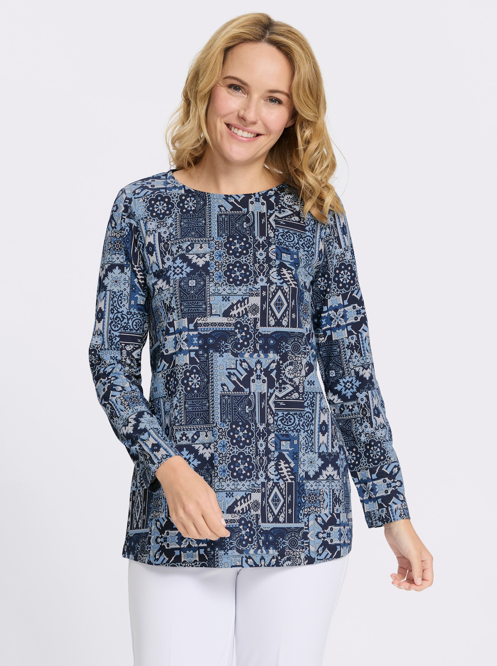 Longshirt mit Patchwork-Druck - marine-himmelblau-bedruckt