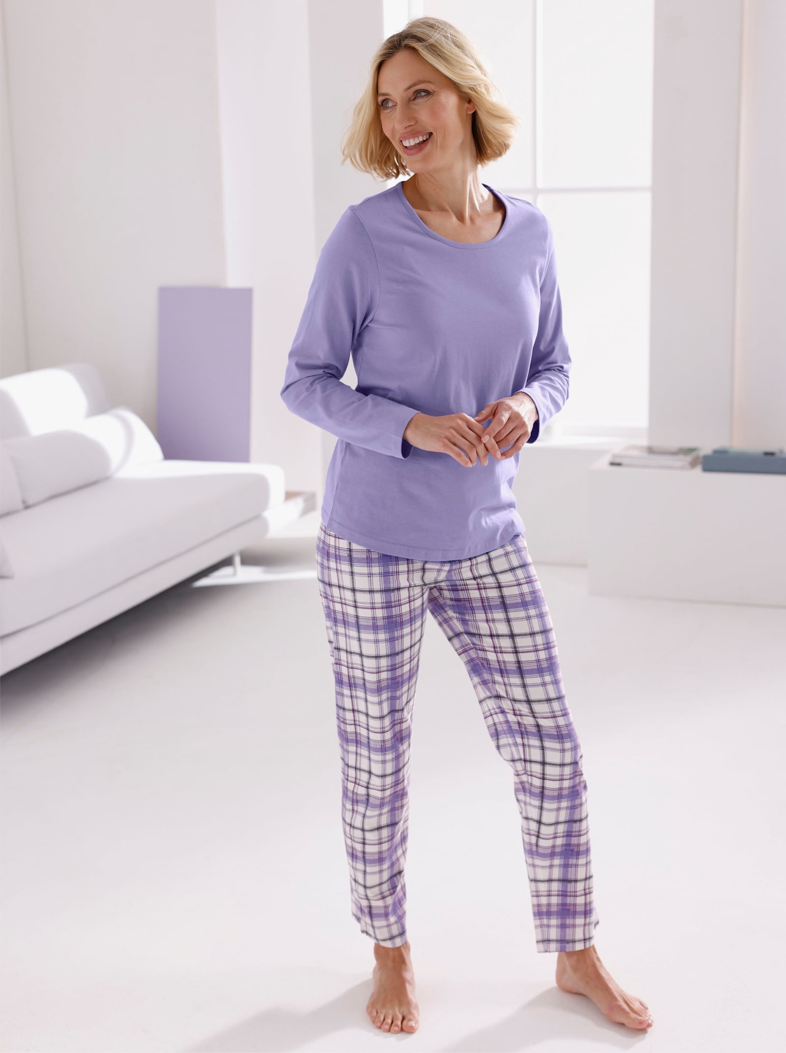 wäschepur Schlafanzüge mit karierten Hosen - grau-meliert-bedruckt + lavendel-bedruckt