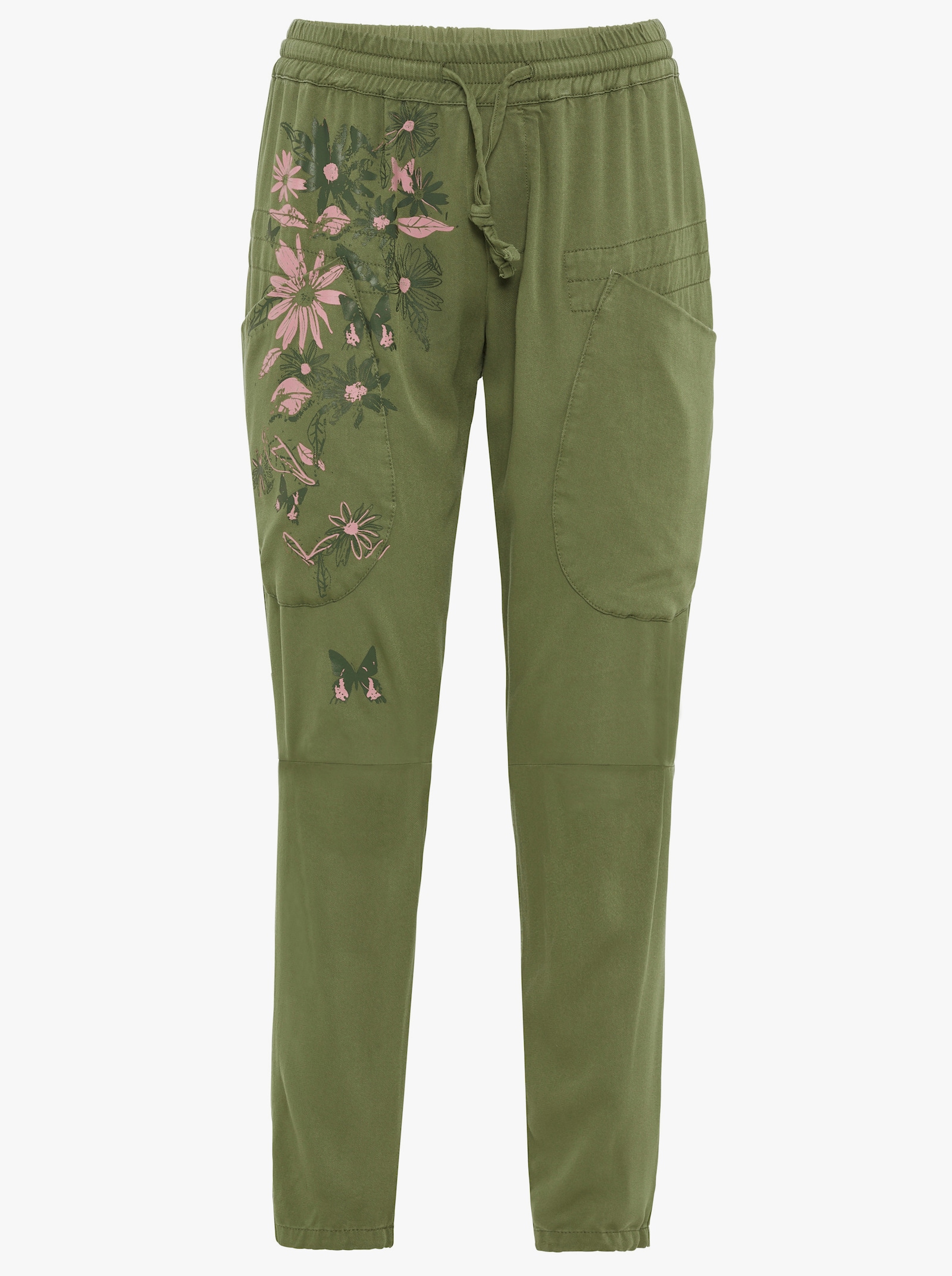 Schlupfhose mit Blumen- und Schmetterlingsdruck vorne - khaki
