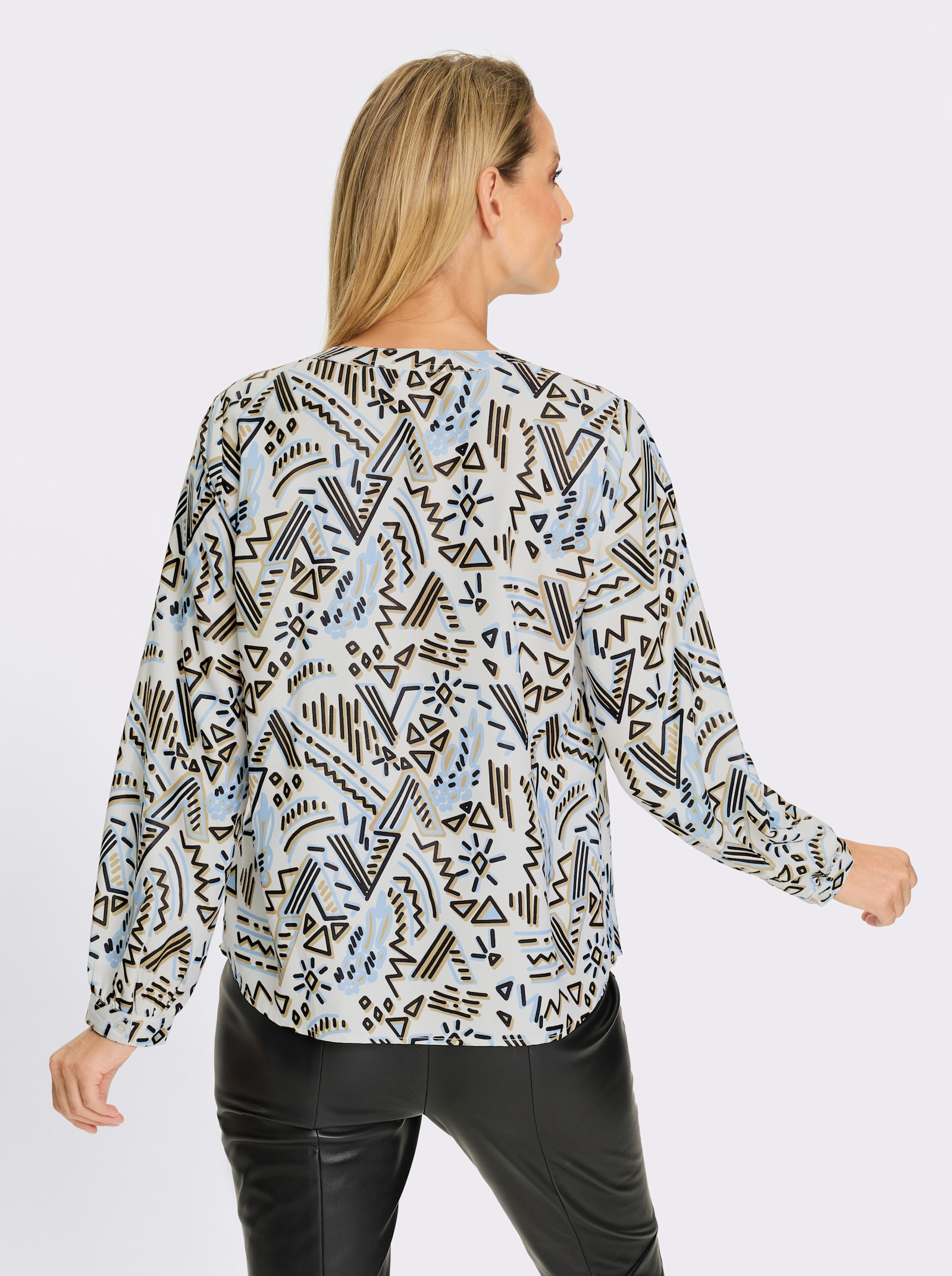 heine Satinbluse - weiss-eisblau-bedruckt
