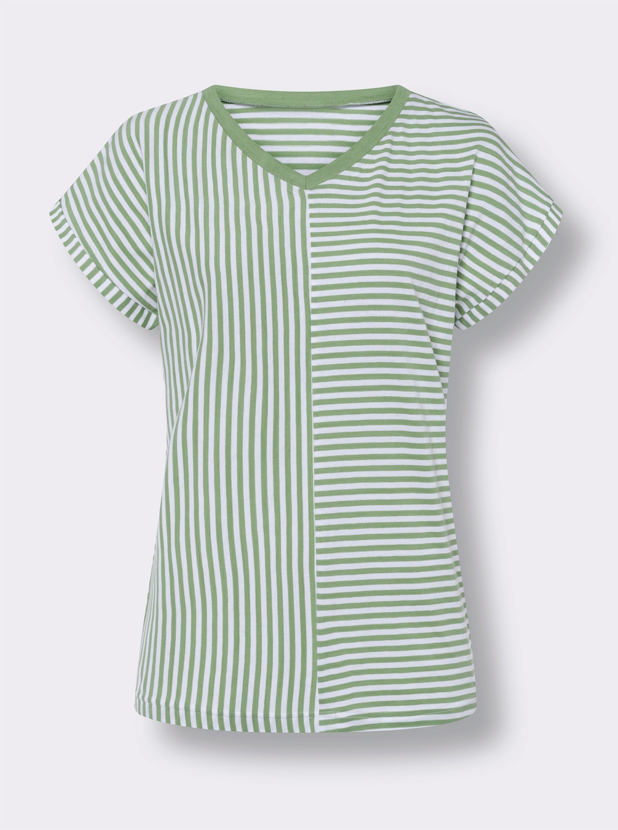 Shirt met V-hals - eucalyptus/ecru gestreept